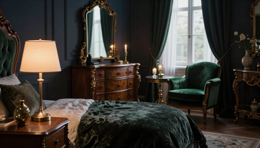 A moody bedroom featuring sophisticated furniture, including a plush velvet bed with dark, rich hues and an intricately carved wooden headboard. In the foreground, a sleek nightstand with a minimalist lamp emitting a warm, soft glow. A comfortable armchair upholstered in deep green fabric sits in the corner next to a small, ornate table, adorned with candles and a delicate vase. The middle ground showcases a stylish dresser with an antique mirror reflecting the gentle light. In the background, elegantly draped curtains frame a large window, allowing dim, moody daylight to filter in, enhancing the ambiance. The setting conveys a sense of warmth and intimacy, while the color palette consists of deep blues, greens, and accents of gold, evoking a sophisticated moody aesthetic. Shot with a shallow depth of field to emphasize the furniture details. A moody bedroom featuring sophisticated furniture, including a plush velvet bed with dark, rich hues and an intricately carved wooden headboard. In the foreground, a sleek nightstand with a minimalist lamp emitting a warm, soft glow. A comfortable armchair upholstered in deep green fabric sits in the corner next to a small, ornate table, adorned with candles and a delicate vase. The middle ground showcases a stylish dresser with an antique mirror reflecting the gentle light. In the background, elegantly draped curtains frame a large window, allowing dim, moody daylight to filter in, enhancing the ambiance. The setting conveys a sense of warmth and intimacy, while the color palette consists of deep blues, greens, and accents of gold, evoking a sophisticated moody aesthetic. Shot with a shallow depth of field to emphasize the furniture details.