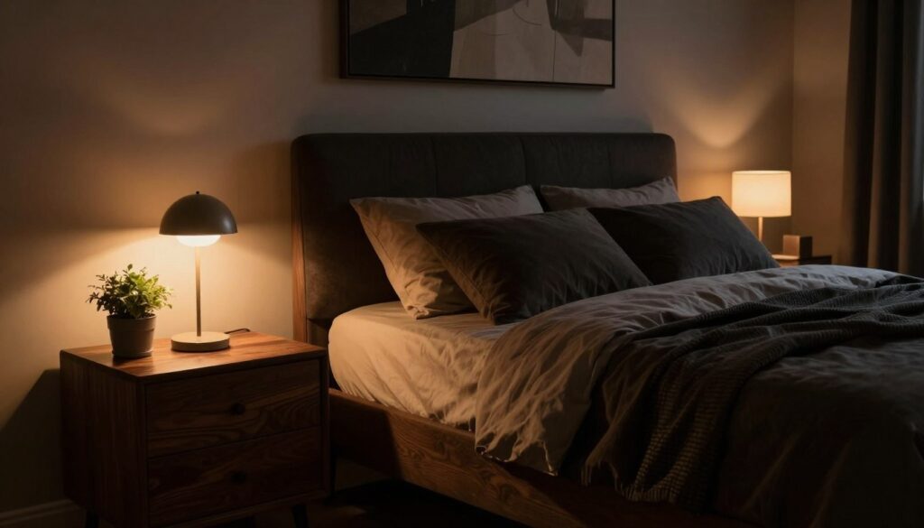 A moody bedroom featuring two elegant nightstands on either side of a plush bed, softly illuminated by warm, ambient lighting. The foreground showcases a textured nightstand with a sleek, minimalistic lamp casting a gentle glow. Next to it, a small potted plant adds a touch of life. The middle section reveals the rich, dark wood of the nightstands contrasting with deep, luxurious fabrics of the bedding, enhancing the sophisticated aesthetic. The background includes a softly lit wall with an abstract art piece, creating a serene atmosphere. The scene is captured from a low angle, emphasizing the intimate and cozy vibe of the space, with shadows playing delicately across the surfaces. Overall, the image evokes a sense of calm and introspection, perfect for a moody bedroom setting. A moody bedroom featuring two elegant nightstands on either side of a plush bed, softly illuminated by warm, ambient lighting. The foreground showcases a textured nightstand with a sleek, minimalistic lamp casting a gentle glow. Next to it, a small potted plant adds a touch of life. The middle section reveals the rich, dark wood of the nightstands contrasting with deep, luxurious fabrics of the bedding, enhancing the sophisticated aesthetic. The background includes a softly lit wall with an abstract art piece, creating a serene atmosphere. The scene is captured from a low angle, emphasizing the intimate and cozy vibe of the space, with shadows playing delicately across the surfaces. Overall, the image evokes a sense of calm and introspection, perfect for a moody bedroom setting.