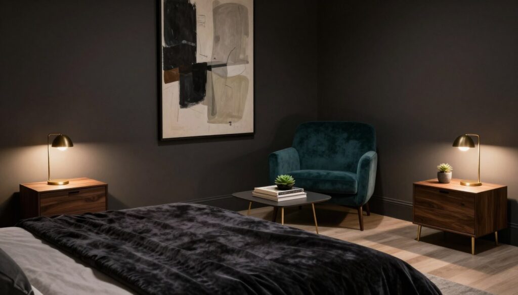A moody bedroom scene featuring a sophisticated furniture arrangement. In the foreground, a plush, dark velvet bedspread lays atop a low-profile bed with rounded edges. On either side, minimalist wooden nightstands with sleek gold accents hold small, modern lamps casting warm, ambient light. In the middle ground, a cozy armchair upholstered in deep teal sits next to a stylish, low coffee table adorned with books and a small succulent. The background reveals a feature wall painted in deep charcoal, hung with abstract art contrasting with muted shades. Soft shadows dance around the room, enhanced by a soft, diffused overhead light creating an inviting atmosphere. The scene is captured from a slightly elevated angle, showcasing the careful arrangement and layered textures that define a sophisticated moody aesthetic. A moody bedroom scene featuring a sophisticated furniture arrangement. In the foreground, a plush, dark velvet bedspread lays atop a low-profile bed with rounded edges. On either side, minimalist wooden nightstands with sleek gold accents hold small, modern lamps casting warm, ambient light. In the middle ground, a cozy armchair upholstered in deep teal sits next to a stylish, low coffee table adorned with books and a small succulent. The background reveals a feature wall painted in deep charcoal, hung with abstract art contrasting with muted shades. Soft shadows dance around the room, enhanced by a soft, diffused overhead light creating an inviting atmosphere. The scene is captured from a slightly elevated angle, showcasing the careful arrangement and layered textures that define a sophisticated moody aesthetic.