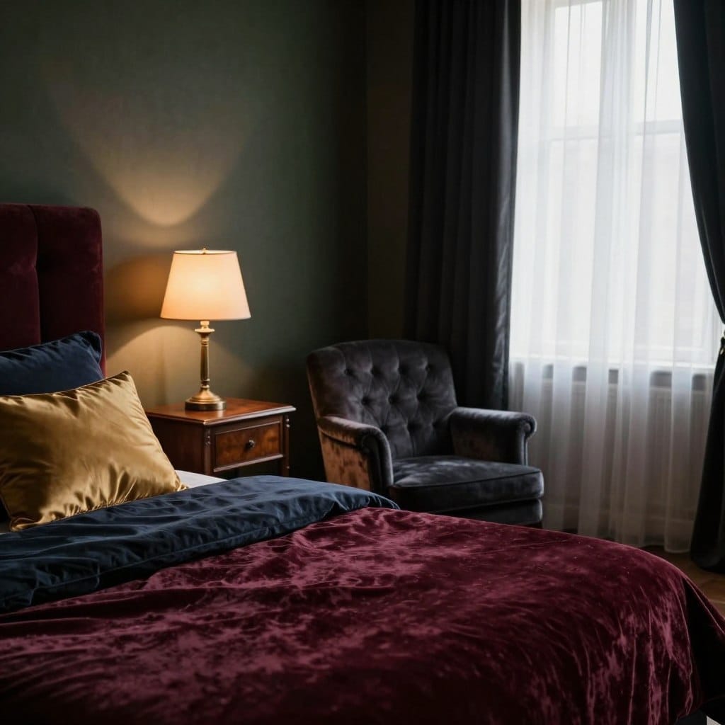 A moody bedroom scene featuring rich, deep color palettes like burgundy, navy, and charcoal. In the foreground, a plush velvet bed with dark, layered bedding, accented by soft gold and satin pillows. A vintage wooden nightstand holds a softly glowing lamp that casts warm light, enhancing the serene atmosphere. In the middle ground, an elegant, tufted armchair is positioned beside a window draped with heavy, dark curtains. The background showcases a textured wall in deep olive green, adding depth. Soft, diffused natural light filters through the curtains, creating a calming and intimate ambiance. The overall mood should evoke romance and tranquility, ideal for a cozy retreat.