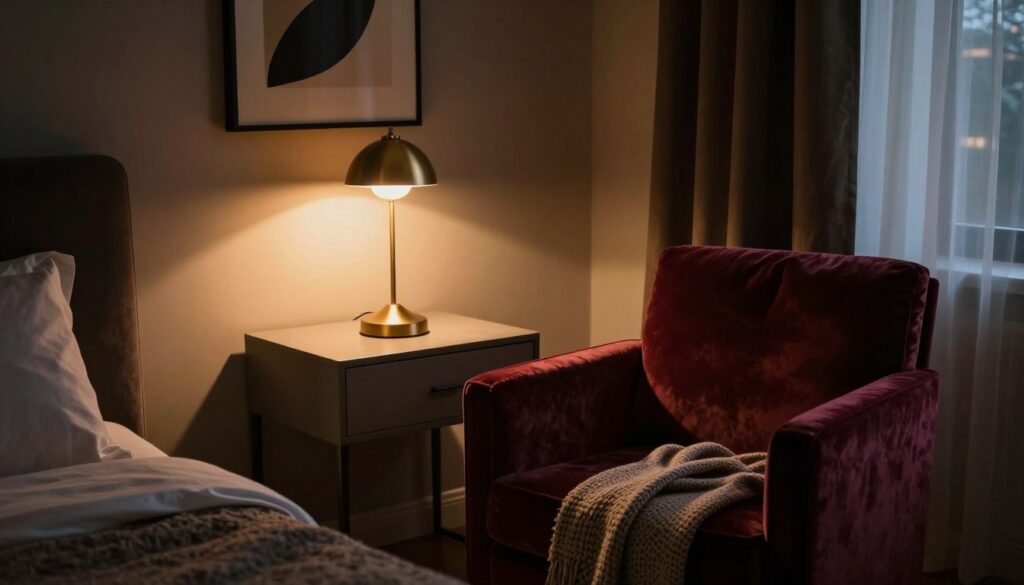 A moody bedroom scene featuring soft, ambient lighting to create a sophisticated atmosphere. In the foreground, a plush velvet armchair in deep burgundy invites relaxation, adorned with a textured throw blanket. The middle section showcases a sleek bedside table with a stylish brass lamp emitting a warm golden glow. A minimalist painting hangs on the wall, complementing the color palette. In the background, curtains of rich fabric softly drape over a window, allowing hints of twilight to filter through. The scene captures a cozy, intimate vibe, highlighted by strategically placed warm lighting and shadows that play across the room. Angle the composition slightly from above to provide depth and perspective, creating an inviting atmosphere ideal for a sophisticated moody aesthetic. A moody bedroom scene featuring soft, ambient lighting to create a sophisticated atmosphere. In the foreground, a plush velvet armchair in deep burgundy invites relaxation, adorned with a textured throw blanket. The middle section showcases a sleek bedside table with a stylish brass lamp emitting a warm golden glow. A minimalist painting hangs on the wall, complementing the color palette. In the background, curtains of rich fabric softly drape over a window, allowing hints of twilight to filter through. The scene captures a cozy, intimate vibe, highlighted by strategically placed warm lighting and shadows that play across the room. Angle the composition slightly from above to provide depth and perspective, creating an inviting atmosphere ideal for a sophisticated moody aesthetic.