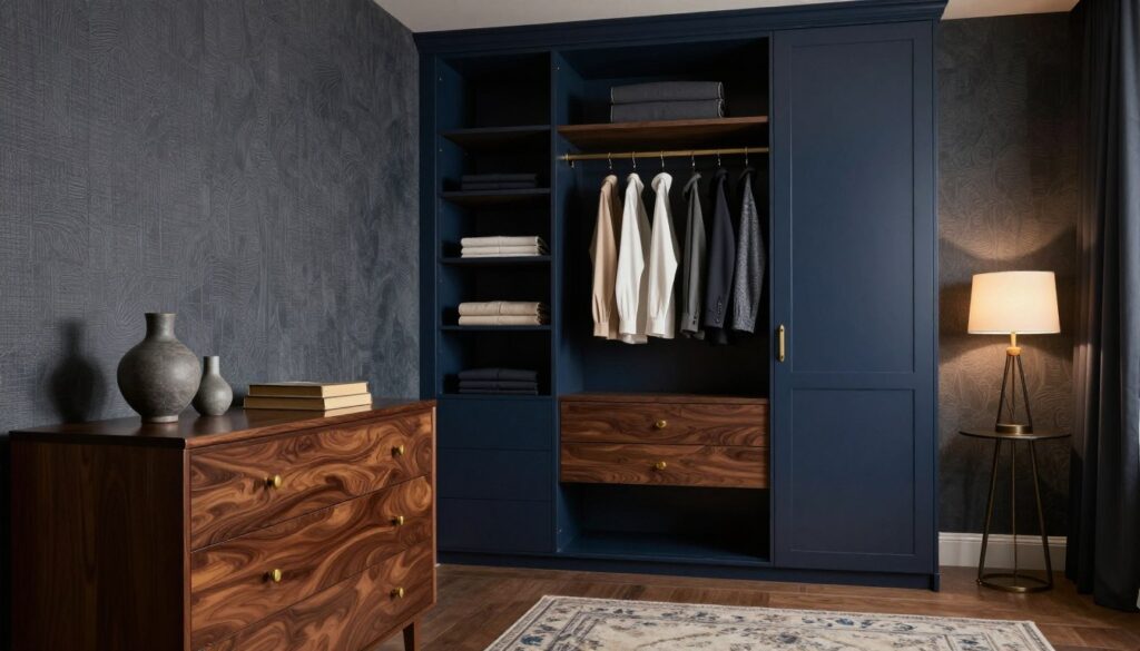 A moody bedroom showcasing sophisticated storage solutions, featuring a dark, rich color palette of deep blues and warm grays. In the foreground, a sleek wooden dresser with elegant brass hardware displays tasteful decorative items like a small vase and a vintage book. The middle ground reveals a stylish wardrobe with open sections, revealing neatly organized shelves and a neatly hung collection of minimalist clothing on hangers. Ambient lighting from a stylish bedside lamp casts a soft, inviting glow. In the background, the walls are adorned with subtle, textured wallpaper, enhancing the luxurious atmosphere. A plush area rug adds warmth underfoot. The image captures an intimate, serene mood, ideal for inspiring a sophisticated aesthetic without distractions or clutter. A moody bedroom showcasing sophisticated storage solutions, featuring a dark, rich color palette of deep blues and warm grays. In the foreground, a sleek wooden dresser with elegant brass hardware displays tasteful decorative items like a small vase and a vintage book. The middle ground reveals a stylish wardrobe with open sections, revealing neatly organized shelves and a neatly hung collection of minimalist clothing on hangers. Ambient lighting from a stylish bedside lamp casts a soft, inviting glow. In the background, the walls are adorned with subtle, textured wallpaper, enhancing the luxurious atmosphere. A plush area rug adds warmth underfoot. The image captures an intimate, serene mood, ideal for inspiring a sophisticated aesthetic without distractions or clutter.