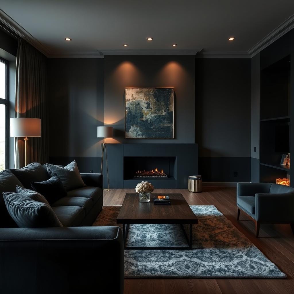 A moody living room design featuring deep, rich colors like charcoal gray, navy blue, and forest green. In the foreground, a plush velvet sofa in a dark hue is adorned with textured throw pillows. A sleek, low coffee table made of dark wood stands at the center, surrounded by an elegant area rug. The middle section showcases sophisticated wall art, perhaps an abstract piece that blends into the atmosphere, complemented by gold accents. Soft, ambient lighting emanates from stylish floor lamps, casting a warm glow and creating shadows that enhance the drama of the space. The background reveals a modern fireplace, with flickering flames adding a cozy yet moody element. The overall ambiance is intimate and inviting, perfect for discussing how to successfully navigate common pitfalls in moody design.