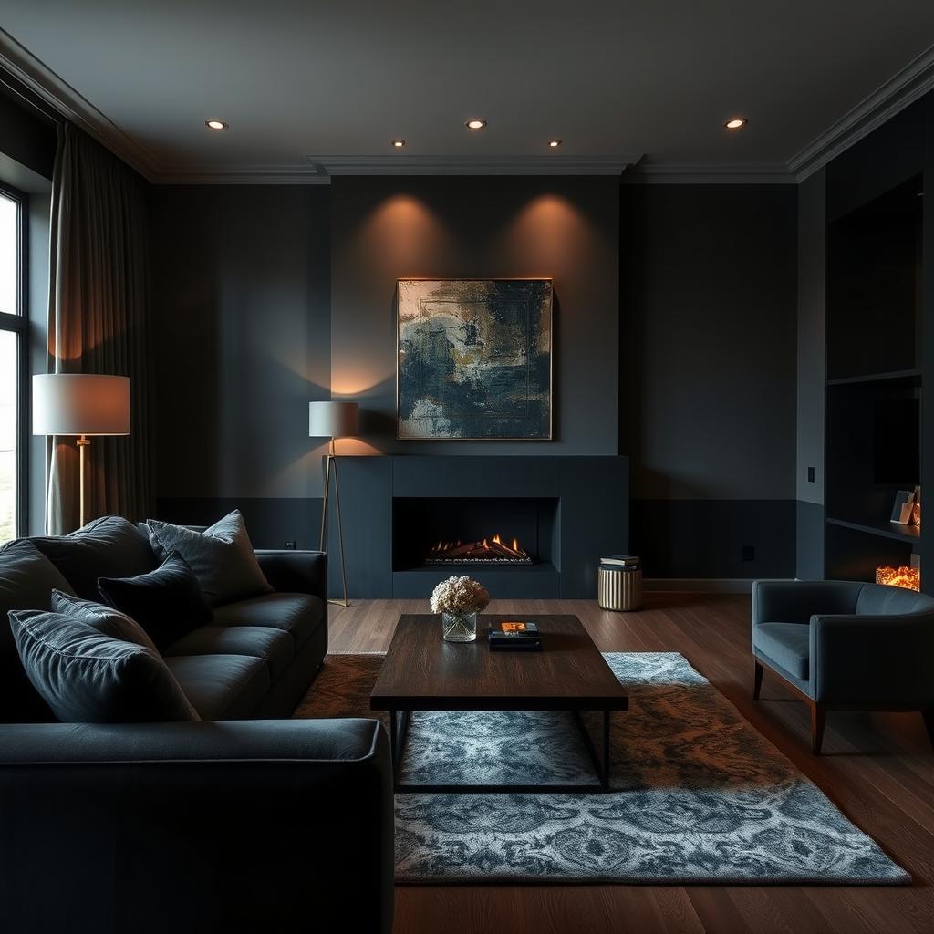 A moody living room design featuring deep, rich colors like charcoal gray, navy blue, and forest green. In the foreground, a plush velvet sofa in a dark hue is adorned with textured throw pillows. A sleek, low coffee table made of dark wood stands at the center, surrounded by an elegant area rug. The middle section showcases sophisticated wall art, perhaps an abstract piece that blends into the atmosphere, complemented by gold accents. Soft, ambient lighting emanates from stylish floor lamps, casting a warm glow and creating shadows that enhance the drama of the space. The background reveals a modern fireplace, with flickering flames adding a cozy yet moody element. The overall ambiance is intimate and inviting, perfect for discussing how to successfully navigate common pitfalls in moody design. A moody living room design featuring deep, rich colors like charcoal gray, navy blue, and forest green. In the foreground, a plush velvet sofa in a dark hue is adorned with textured throw pillows. A sleek, low coffee table made of dark wood stands at the center, surrounded by an elegant area rug. The middle section showcases sophisticated wall art, perhaps an abstract piece that blends into the atmosphere, complemented by gold accents. Soft, ambient lighting emanates from stylish floor lamps, casting a warm glow and creating shadows that enhance the drama of the space. The background reveals a modern fireplace, with flickering flames adding a cozy yet moody element. The overall ambiance is intimate and inviting, perfect for discussing how to successfully navigate common pitfalls in moody design.