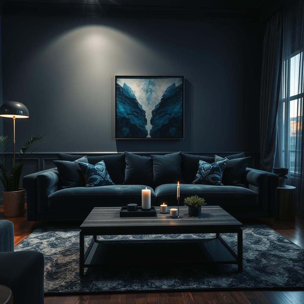 A moody living room designed for dramatic transformation, featuring a plush, dark velvet sofa adorned with patterned pillows in deep jewel tones. The foreground includes a stylish, abstract art piece on the wall, surrounded by soft, ambient lighting that casts gentle shadows. In the middle, a sleek coffee table made of dark wood rests on a textured area rug, with a few elegant decor items like candles and a small succulent. The background showcases rich, dark-painted walls paired with large windows draped in luxurious curtains, allowing hints of twilight to filter in. The atmosphere is intimate and inviting, hinting at cozy gatherings, with a warm, cinematic glow accentuating the sophisticated ambiance. Use a wide-angle lens to capture the depth and create a sense of space.