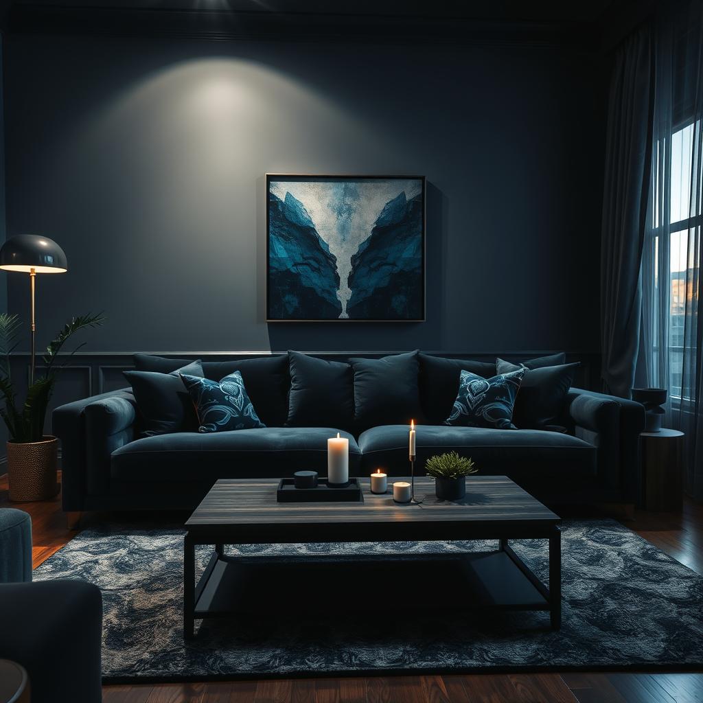 A moody living room designed for dramatic transformation, featuring a plush, dark velvet sofa adorned with patterned pillows in deep jewel tones. The foreground includes a stylish, abstract art piece on the wall, surrounded by soft, ambient lighting that casts gentle shadows. In the middle, a sleek coffee table made of dark wood rests on a textured area rug, with a few elegant decor items like candles and a small succulent. The background showcases rich, dark-painted walls paired with large windows draped in luxurious curtains, allowing hints of twilight to filter in. The atmosphere is intimate and inviting, hinting at cozy gatherings, with a warm, cinematic glow accentuating the sophisticated ambiance. Use a wide-angle lens to capture the depth and create a sense of space. A moody living room designed for dramatic transformation, featuring a plush, dark velvet sofa adorned with patterned pillows in deep jewel tones. The foreground includes a stylish, abstract art piece on the wall, surrounded by soft, ambient lighting that casts gentle shadows. In the middle, a sleek coffee table made of dark wood rests on a textured area rug, with a few elegant decor items like candles and a small succulent. The background showcases rich, dark-painted walls paired with large windows draped in luxurious curtains, allowing hints of twilight to filter in. The atmosphere is intimate and inviting, hinting at cozy gatherings, with a warm, cinematic glow accentuating the sophisticated ambiance. Use a wide-angle lens to capture the depth and create a sense of space.