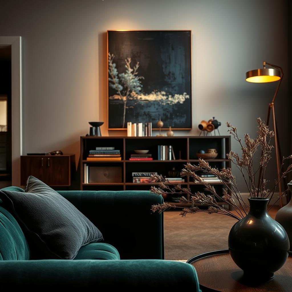 A moody living room featuring art and accessories with emotional impact. In the foreground, a deep velvet sofa in rich emerald green contrasts with an oversized, textured pillow in charcoal gray. On the coffee table, a sculptural black ceramic vase holds dried flowers, adding an organic touch. In the middle ground, a large abstract painting with dark hues of indigo and hints of gold captures attention, hung above a stylish mid-century bookshelf filled with unique art books and vintage trinkets. The background showcases warm, dim lighting from an elegant floor lamp with a soft gold shade, casting gentle shadows. The atmosphere is inviting yet introspective, perfect for a transformative living space. The image has a soft focus, emphasizing depth and creating a cozy, contemplative feel, evoking an emotional response. A moody living room featuring art and accessories with emotional impact. In the foreground, a deep velvet sofa in rich emerald green contrasts with an oversized, textured pillow in charcoal gray. On the coffee table, a sculptural black ceramic vase holds dried flowers, adding an organic touch. In the middle ground, a large abstract painting with dark hues of indigo and hints of gold captures attention, hung above a stylish mid-century bookshelf filled with unique art books and vintage trinkets. The background showcases warm, dim lighting from an elegant floor lamp with a soft gold shade, casting gentle shadows. The atmosphere is inviting yet introspective, perfect for a transformative living space. The image has a soft focus, emphasizing depth and creating a cozy, contemplative feel, evoking an emotional response.