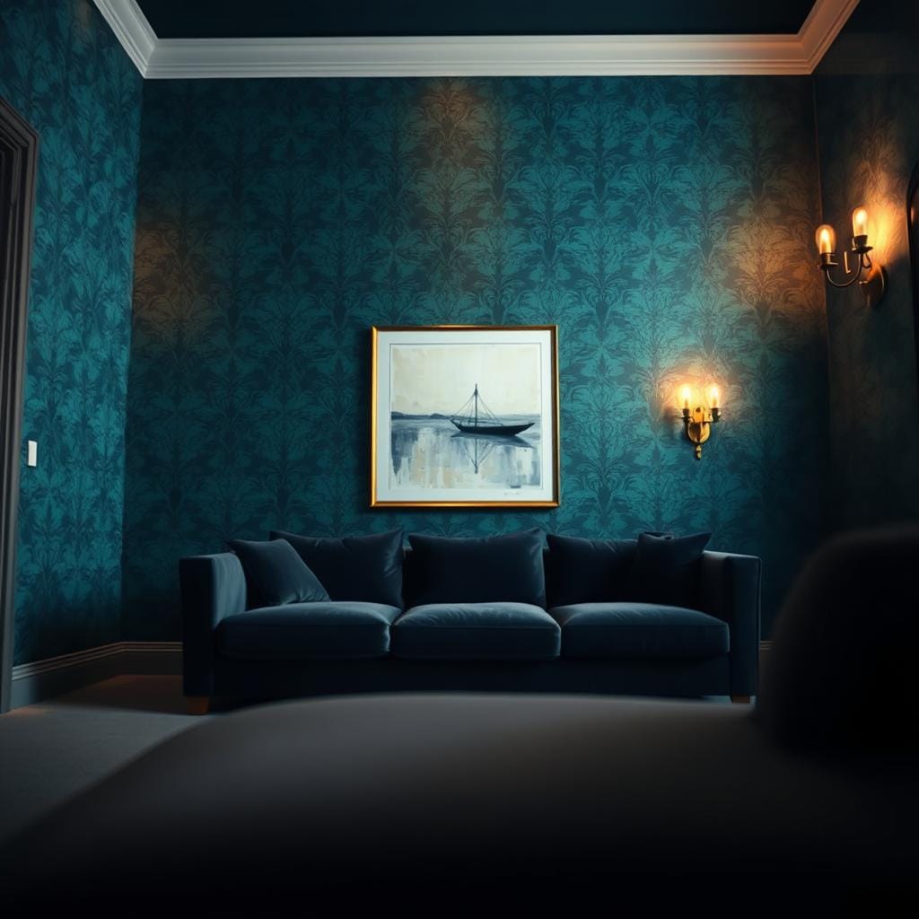 A moody living room featuring mysterious wall treatments that evoke a sense of intrigue. In the foreground, elegantly patterned wallpaper with deep hues of dark blue and rich emerald creates a dramatic backdrop. Subtle textures, like velvet or silk, add depth and luxury. The middle ground showcases a minimalist piece of abstract art that compliments the wall treatment, while a plush, dark-hued sofa invites comfort beneath a soft glow. In the background, softly lit sconces cast warm light, accentuating intricacies in the wall design. A low angle captures the entire scene, emphasizing the height of the walls and the interplay of shadows. The atmosphere is inviting yet enigmatic, ideal for fostering deep conversations and reflection.