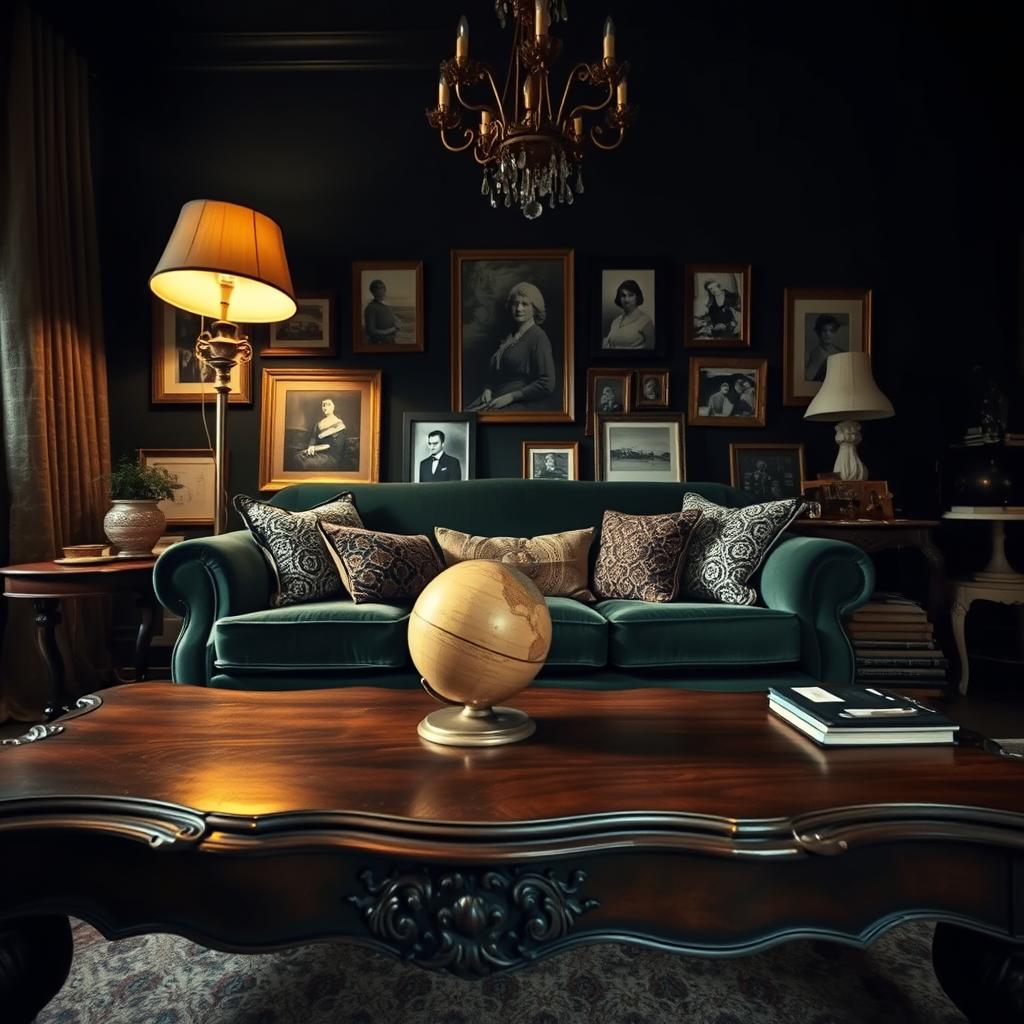 A moody living room showcasing vintage and antique accents, featuring a rich, dark wood coffee table with ornate carvings as the foreground element. In the middle, place a plush, deep green velvet sofa adorned with patterned throw pillows, with a retro brass floor lamp casting a warm, golden light over the scene. Surrounding the sofa, include a mix of eclectic vintage decor, such as an antique globe, framed black-and-white photographs in ornate frames, and a collection of vintage books on a side table. The background reveals a dark, atmospheric wall adorned with vintage prints and a vintage chandelier hanging from the ceiling. Soft, diffused lighting creates an inviting and dramatic atmosphere, inviting viewers to imagine a cozy yet sophisticated space. Use a wide-angle lens to capture the full essence of this curated vintage-inspired living room. A moody living room showcasing vintage and antique accents, featuring a rich, dark wood coffee table with ornate carvings as the foreground element. In the middle, place a plush, deep green velvet sofa adorned with patterned throw pillows, with a retro brass floor lamp casting a warm, golden light over the scene. Surrounding the sofa, include a mix of eclectic vintage decor, such as an antique globe, framed black-and-white photographs in ornate frames, and a collection of vintage books on a side table. The background reveals a dark, atmospheric wall adorned with vintage prints and a vintage chandelier hanging from the ceiling. Soft, diffused lighting creates an inviting and dramatic atmosphere, inviting viewers to imagine a cozy yet sophisticated space. Use a wide-angle lens to capture the full essence of this curated vintage-inspired living room.