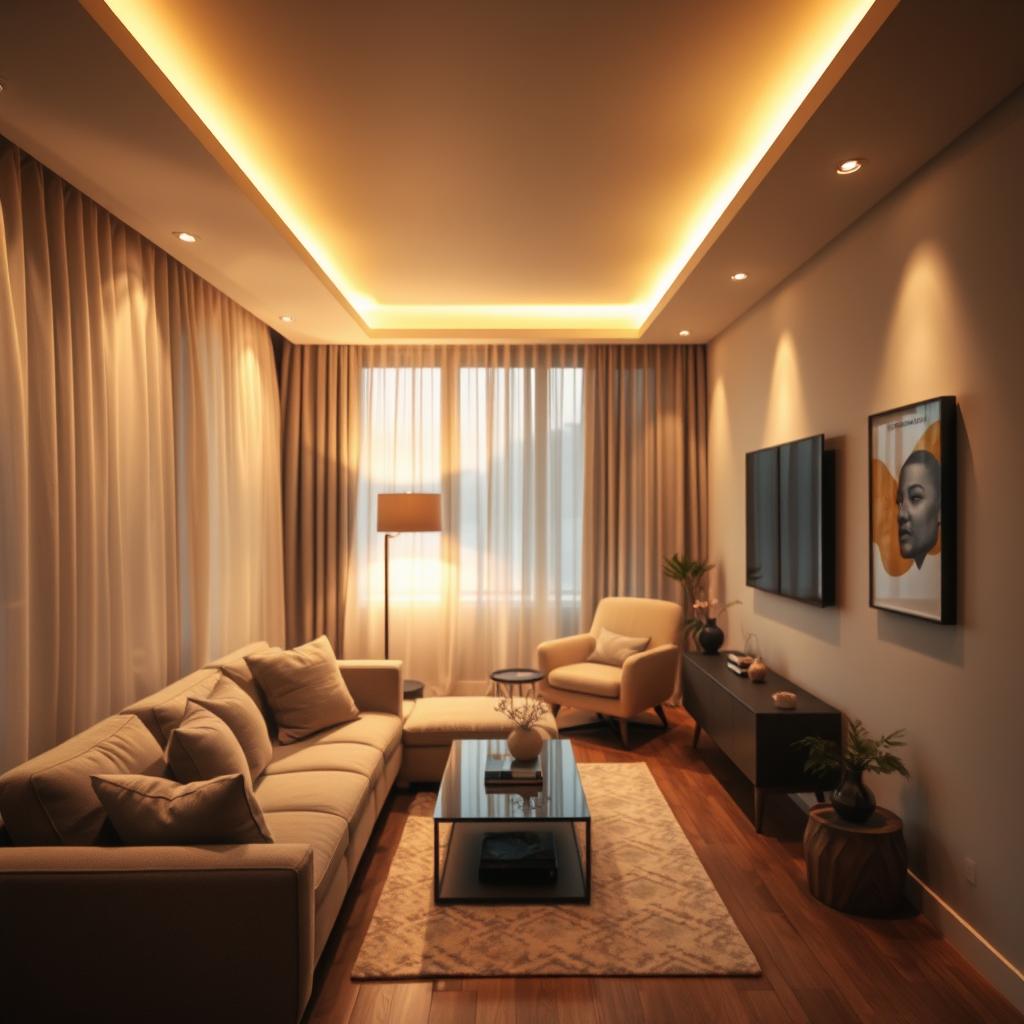 A narrow living room bathed in warm, inviting light, showcasing layered lighting techniques. In the foreground, a stylish, modern sofa in muted tones complements a sleek coffee table. In the middle, recessed lighting is elegantly integrated into the ceiling, casting a soft glow that widens the space, while task lighting from a chic floor lamp illuminates a cozy reading nook with a plush armchair. Accent lights highlight decorative art pieces on the walls, adding depth and interest. The background features large windows framed with sheer curtains, allowing natural light to filter in gently. The ambiance is warm and welcoming, designed to evoke a sense of comfort and style. The scene is captured from a slight angle to emphasize the length of the room, enhancing the overall spacious feel.