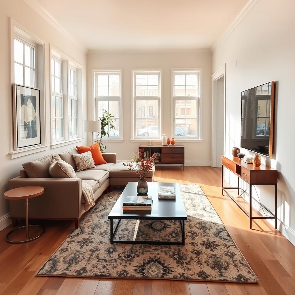 A narrow living room elegantly designed using the "two-thirds" layout principle. In the foreground, a stylish sectional sofa occupies one-third of the space, adorned with bright cushions and a soft throw blanket. The middle ground features a sleek coffee table topped with a vase of flowers and art books, perfectly positioned on a modern area rug. A narrow console table against the wall showcases decorative items. In the background, large windows allow natural light to fill the room, illuminating light-colored walls. The ambiance is cozy and inviting, emphasizing comfort while maintaining an open feel. The image captures a slightly elevated angle, accentuating the layout's effectiveness in maximizing space.