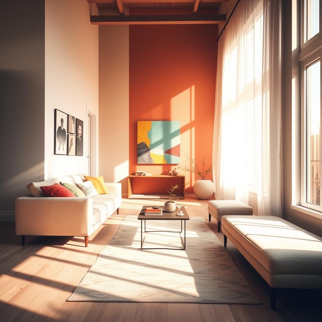 A narrow living room filled with soft, natural light streaming through large windows, casting warm shadows on a light-colored wooden floor. In the foreground, a cozy seating area features a plush, pastel-colored couch adorned with vibrant throw pillows. A contemporary coffee table sits in the center, topped with a few stylish decor items like a small plant and art books. In the middle, an accent wall painted in a rich, deep hue adds depth and warmth to the space, complemented by colorful artwork. The background reveals a delicate balance of lightness and color, with light curtains gently swaying and a large, stylish rug anchoring the seating area. The overall mood is inviting and harmonious, emphasizing the manipulation of light and color for an enhanced living experience, captured with a soft focus lens to create an intimate atmosphere.