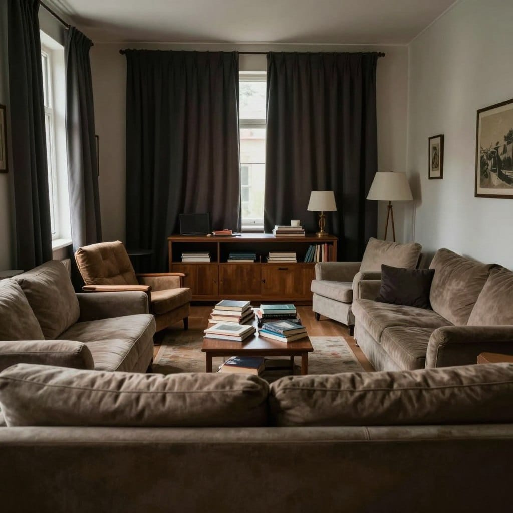 A narrow living room showcasing a poor furniture layout that makes the space feel cramped. In the foreground, a large, overstuffed couch takes up too much room, facing away from a small coffee table cluttered with books. Midground elements include awkwardly placed armchairs that block pathways and a large entertainment unit dominating one wall. The background features heavy, dark curtains that close in the space, with a narrow window revealing a hint of outside light. The lighting is soft and natural, highlighting the cramped atmosphere. The scene captures the discomfort and awkwardness of the space, emphasizing the common mistakes in narrow living room arrangements. The mood feels crowded and claustrophobic, inviting viewers to rethink their own layouts.