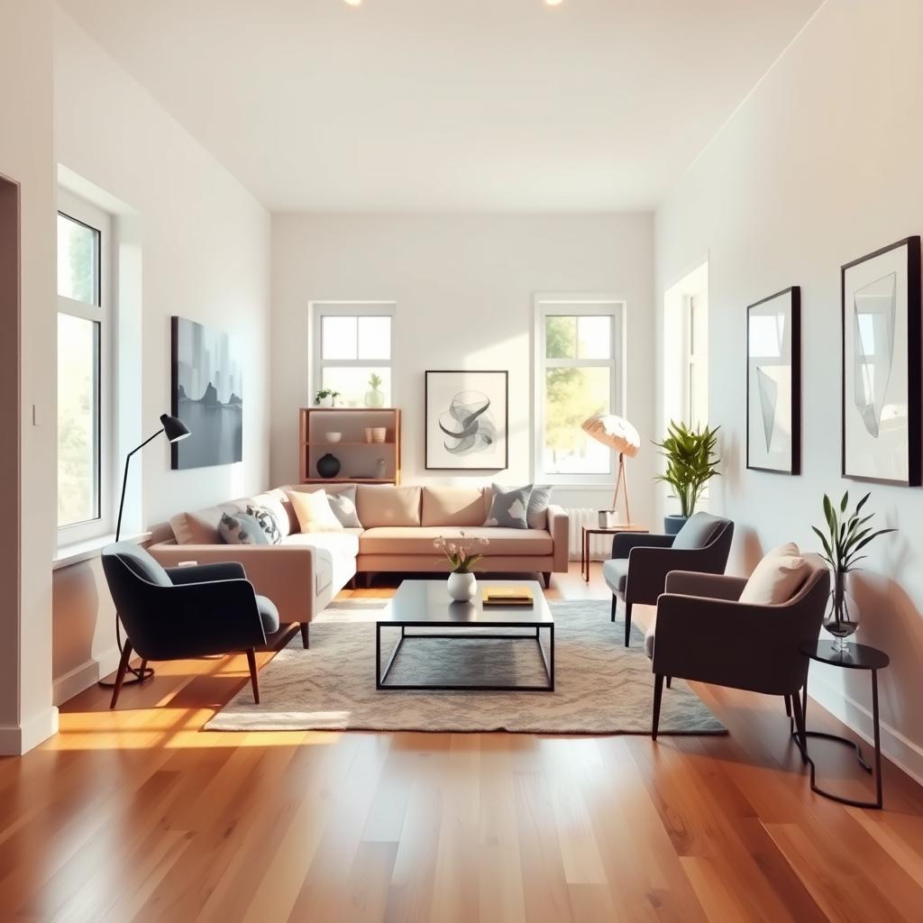 A narrow living room showcasing a thoughtfully designed layout that maximizes space and flow, highlighting the "bowling alley effect." The foreground features a cozy sofa positioned against one wall, flanked by modern accent chairs that create an inviting seating area. In the middle, a sleek coffee table complements the furniture arrangement, contributing to the room's balance. A stylish area rug defines the seating space, while strategically placed shelves add visual interest without overcrowding. In the background, soft, natural lighting filters through large windows, illuminating the room with a warm glow. The walls are adorned with minimalist artwork, further enhancing the streamlined aesthetic. The overall mood is harmonious and inviting, showcasing a well-decorated yet functional narrow living room that feels open and spacious.