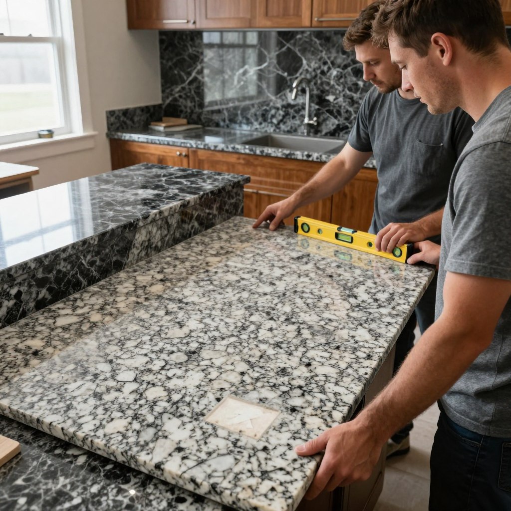 A professional kitchen setting featuring a granite countertop installation in progress. In the foreground, two skilled workers in modest casual clothing examine a large, polished granite slab, discussing its placement. One worker holds a digital level while the other points to the countertop edge, showcasing precision and teamwork. In the middle background, a partially installed granite countertop reflects a deep mix of grays and blacks, complemented by a matching bold backsplash, adding luxury to the scene. Natural light streams in from a nearby window, illuminating the workspace and highlighting the textures of the granite. The atmosphere is focused and dynamic, emphasizing craftsmanship and expertise. Aim for a slightly elevated angle to capture the intricate details of the countertop and the collaboration between the workers. A professional kitchen setting featuring a granite countertop installation in progress. In the foreground, two skilled workers in modest casual clothing examine a large, polished granite slab, discussing its placement. One worker holds a digital level while the other points to the countertop edge, showcasing precision and teamwork. In the middle background, a partially installed granite countertop reflects a deep mix of grays and blacks, complemented by a matching bold backsplash, adding luxury to the scene. Natural light streams in from a nearby window, illuminating the workspace and highlighting the textures of the granite. The atmosphere is focused and dynamic, emphasizing craftsmanship and expertise. Aim for a slightly elevated angle to capture the intricate details of the countertop and the collaboration between the workers.