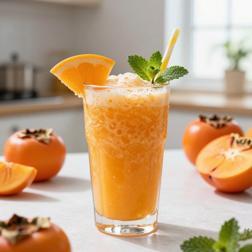 A refreshing citrus smoothie featuring vibrant persimmon and kumquat blended together in a clear glass, foregrounded with a slice of kumquat and a sprig of mint for garnish. The smoothie itself has a creamy orange color with a frothy top, capturing the essence of summer. Set against a softly blurred kitchen background adorned with fresh fruits, soft natural light pours in from a nearby window, illuminating the glass and enhancing the smoothie’s texture. The composition is from a slightly elevated angle, making the drink the focal point, while creating an inviting and cheerful atmosphere perfect for summer gatherings.