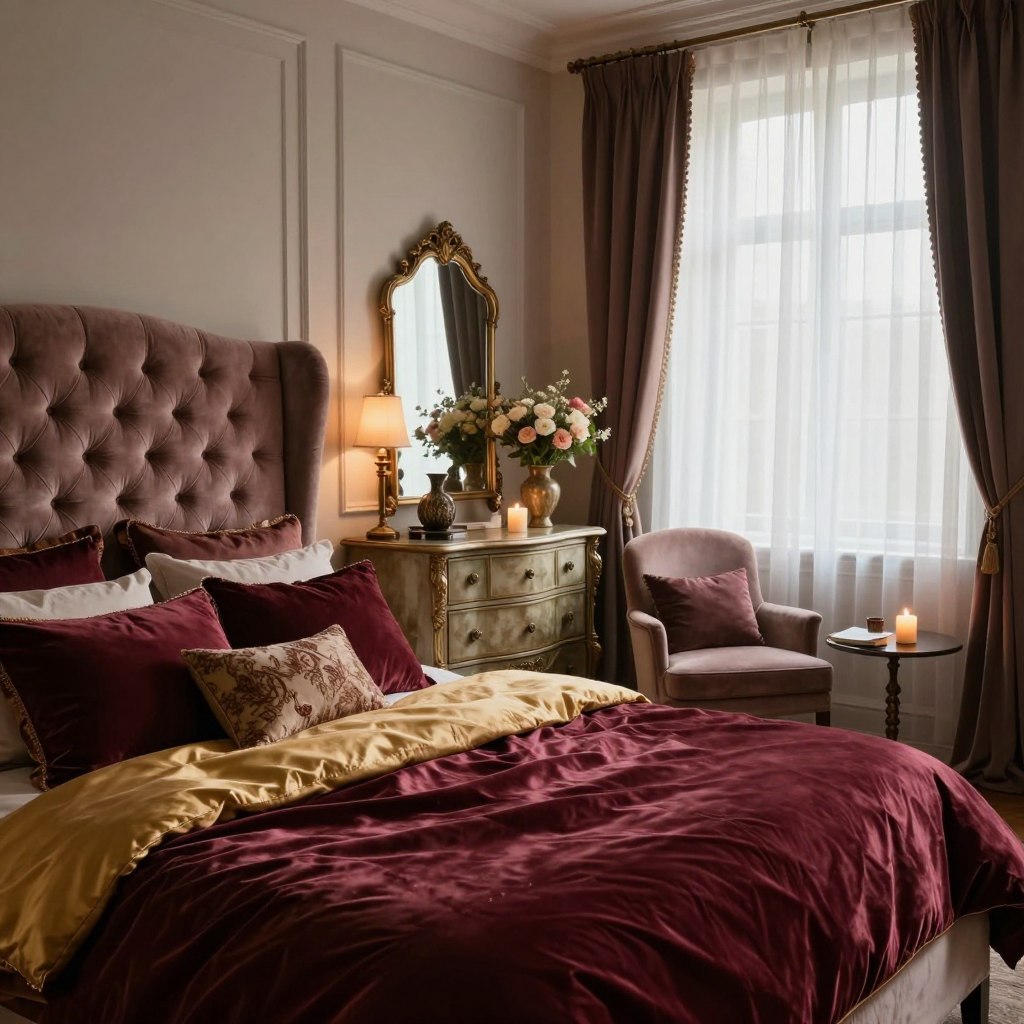 A romantic bedroom design featuring an elegant, statement bed with a plush, tufted headboard in soft velvet. Foreground elements include luxurious satin bedding in deep burgundy and gold accents, along with a couple of decorative pillows. The middle of the scene showcases a chic, ornate dresser with vintage-inspired decor items and a stylish mirror reflecting warm, soft lighting. In the background, large windows draped with sheer curtains allow soft, diffused natural light to flood the room, enhancing the moody atmosphere. A cozy reading nook with a stylish armchair and a small side table rests in a corner, adorned with a flickering candle and a blooming bouquet of fresh flowers. The overall ambiance is intimate and inviting, evoking a sense of tranquility and romance. A romantic bedroom design featuring an elegant, statement bed with a plush, tufted headboard in soft velvet. Foreground elements include luxurious satin bedding in deep burgundy and gold accents, along with a couple of decorative pillows. The middle of the scene showcases a chic, ornate dresser with vintage-inspired decor items and a stylish mirror reflecting warm, soft lighting. In the background, large windows draped with sheer curtains allow soft, diffused natural light to flood the room, enhancing the moody atmosphere. A cozy reading nook with a stylish armchair and a small side table rests in a corner, adorned with a flickering candle and a blooming bouquet of fresh flowers. The overall ambiance is intimate and inviting, evoking a sense of tranquility and romance.