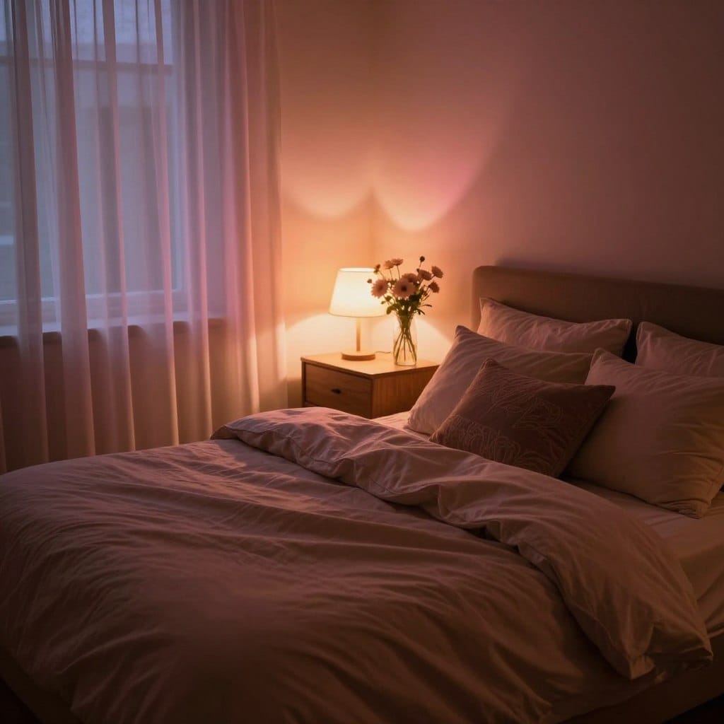 A romantic moody bedroom featuring soft amber and warm pink LED lights creating a cozy ambiance. In the foreground, a plush, unmade bed with a luxurious duvet and assorted cushions in muted earthy tones. The middle layer showcases a nightstand with a softly glowing lamp, adding to the warm glow, and a vase of delicate flowers. In the background, sheer curtains gently billow with a hint of evening breeze, allowing the warm light to filter through. Soft shadows play across the room, enhancing the intimate atmosphere. The perspective is slightly elevated, capturing the inviting layout and thoughtful color palette, evoking a sense of tranquility and romance, perfect for a serene evening retreat.