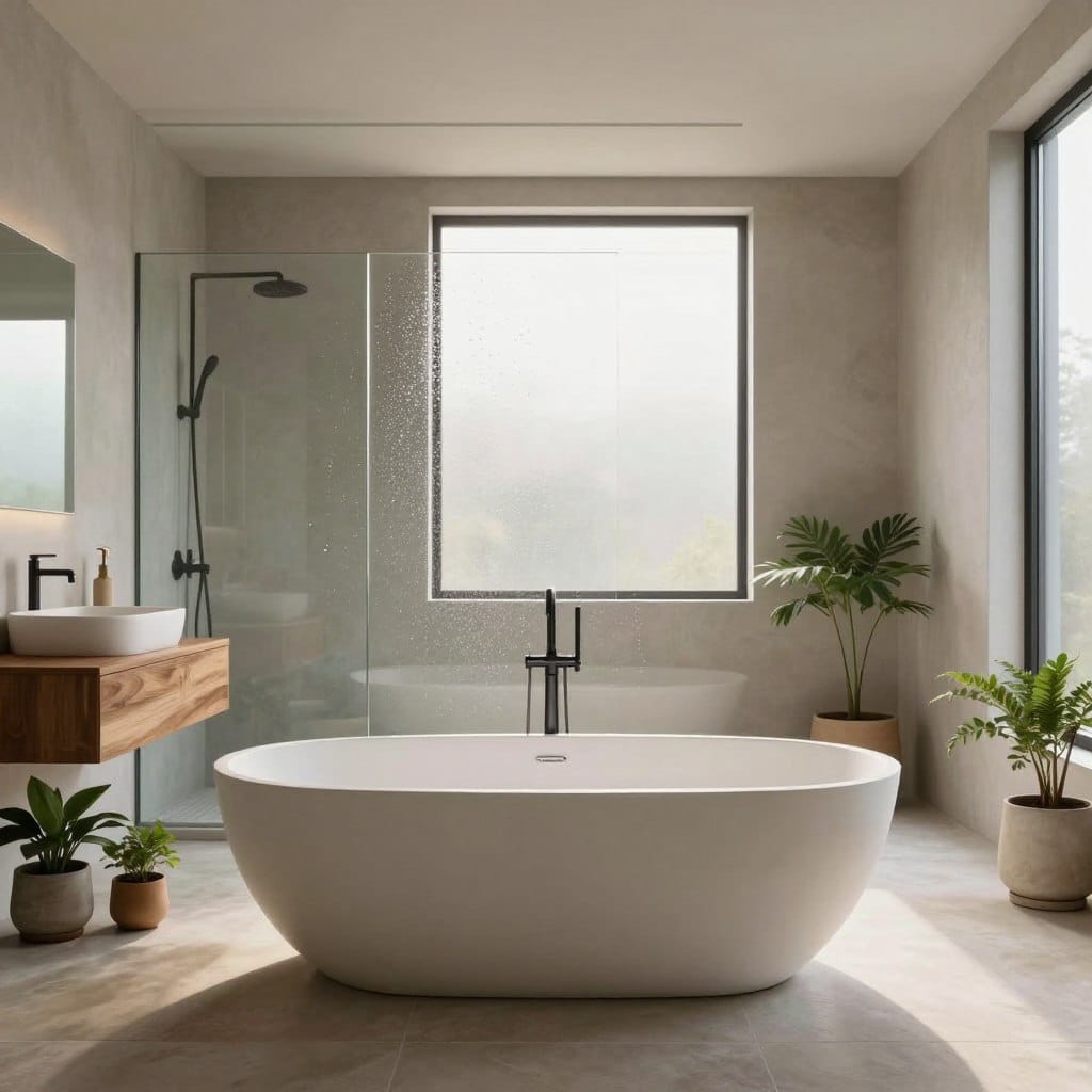 A serene and luxurious minimalist bathroom designed for ultimate relaxation. In the foreground, a sleek freestanding bathtub made of matte white concrete sits elegantly on a smooth stone floor, surrounded by a few potted green plants for a touch of nature. The middle layer showcases a large frameless glass shower, glistening with gentle droplets, along with a polished wooden vanity featuring a single, streamlined sink. Soft, diffused natural light streams through a frosted window, creating a warm and inviting atmosphere. In the background, soft hues of beige and gray walls complement the refined finishes, while minimalist decor maintains a tranquil vibe. The scene is captured from a low angle, emphasizing the infinity of space, with a focus on calm simplicity, radiating a serene cohesiveness that invites stress-free indulgence.