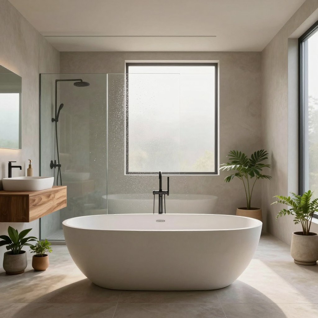 A serene and luxurious minimalist bathroom designed for ultimate relaxation. In the foreground, a sleek freestanding bathtub made of matte white concrete sits elegantly on a smooth stone floor, surrounded by a few potted green plants for a touch of nature. The middle layer showcases a large frameless glass shower, glistening with gentle droplets, along with a polished wooden vanity featuring a single, streamlined sink. Soft, diffused natural light streams through a frosted window, creating a warm and inviting atmosphere. In the background, soft hues of beige and gray walls complement the refined finishes, while minimalist decor maintains a tranquil vibe. The scene is captured from a low angle, emphasizing the infinity of space, with a focus on calm simplicity, radiating a serene cohesiveness that invites stress-free indulgence. A serene and luxurious minimalist bathroom designed for ultimate relaxation. In the foreground, a sleek freestanding bathtub made of matte white concrete sits elegantly on a smooth stone floor, surrounded by a few potted green plants for a touch of nature. The middle layer showcases a large frameless glass shower, glistening with gentle droplets, along with a polished wooden vanity featuring a single, streamlined sink. Soft, diffused natural light streams through a frosted window, creating a warm and inviting atmosphere. In the background, soft hues of beige and gray walls complement the refined finishes, while minimalist decor maintains a tranquil vibe. The scene is captured from a low angle, emphasizing the infinity of space, with a focus on calm simplicity, radiating a serene cohesiveness that invites stress-free indulgence.