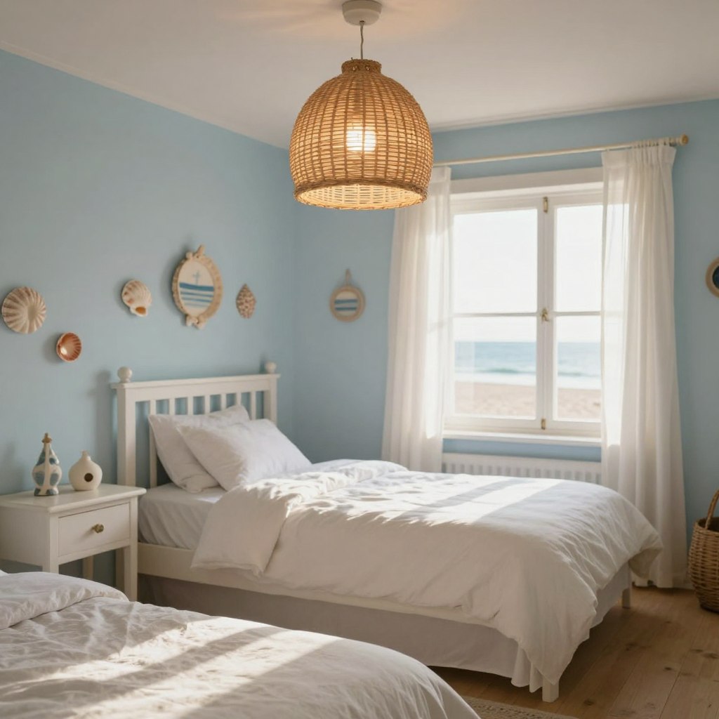 A serene beach cottage bedroom featuring coastal style lighting fixtures. In the foreground, a beautifully crafted pendant light made of natural woven materials, casting soft, warm light. In the middle, a light and airy bedroom with pale blue walls, white wooden furniture, and large windows that let in abundant natural light. Sunlight filters through sheer white curtains, enhancing the tranquil atmosphere. In the background, soft seashell accents and subtle nautical decor complement the lighting design. The ambiance feels calming and inviting, perfect for a beach getaway. Use a warm color palette with soft shadows and a wide-angle perspective to capture the essence of coastal living, suggesting a breezy and peaceful environment. The focus should be on the interplay of light and texture, creating an inviting space that embodies the coastal aesthetic.