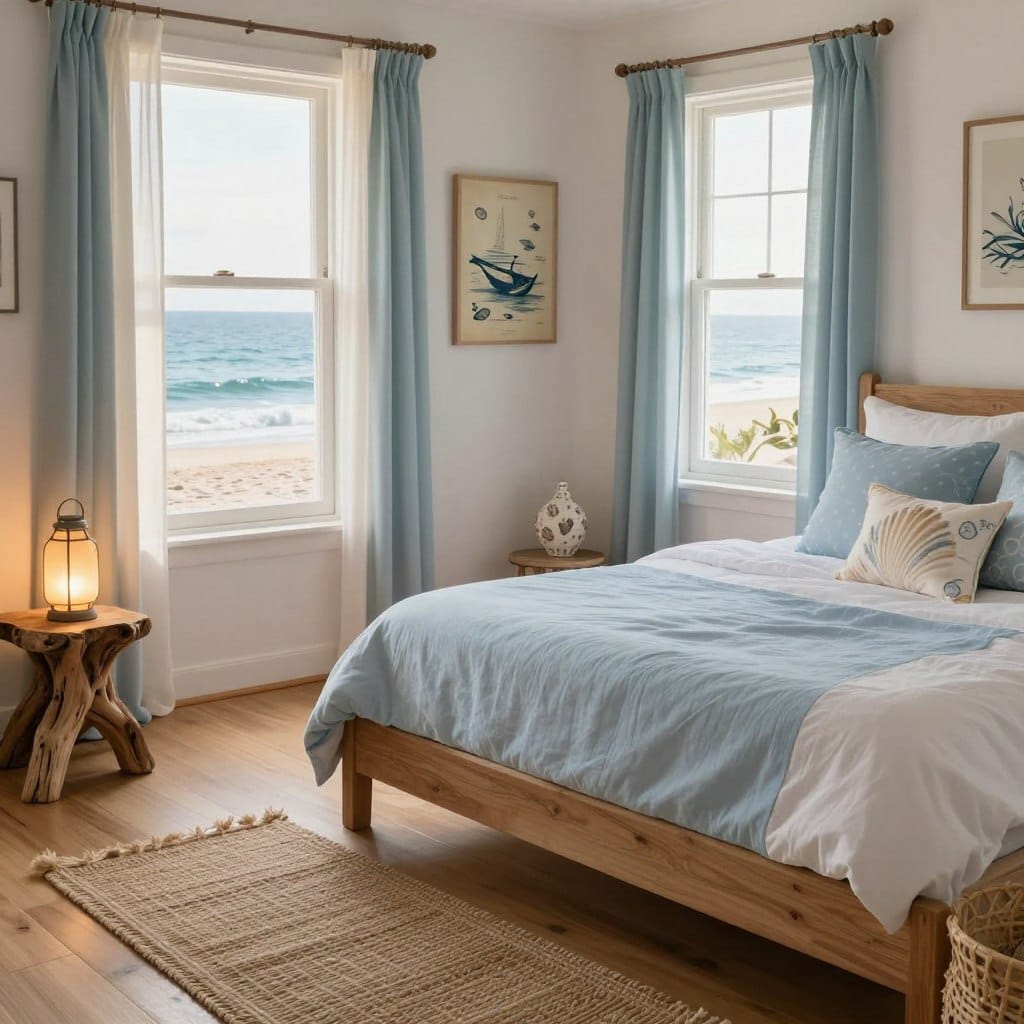 A serene beach cottage bedroom featuring ocean-inspired decor. In the foreground, a cozy wooden bed with light blue and white linens, adorned with subtly patterned throw pillows resembling seashells. To the left, a driftwood nightstand holds a softly glowing lantern. In the middle, a woven rug with natural fibers lies on the light hardwood floor, while a vintage marine-themed artwork hangs above the bed. In the background, windows dressed with sheer curtains showcase the tranquil ocean view outside, casting warm, gentle sunlight into the room. The overall atmosphere is calm and inviting, evoking a sense of seaside tranquility, perfect for a restful retreat. Capture this scene from a slightly elevated angle to emphasize the layered decor and the harmonious blend of colors.