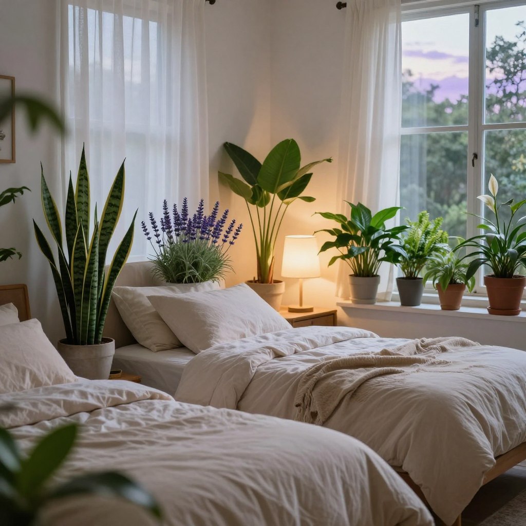 A serene bedroom featuring a cozy bed adorned with soft, calming linens. In the foreground, a beautiful arrangement of lush houseplants, including a Snake Plant, Lavender, and Peace Lily, positioned on bedside tables and window sills, highlighting their vibrant green foliage and soothing blooms. The middle layer shows a softly glowing bedside lamp casting warm light, enhancing the tranquil atmosphere. The background reveals a softly illuminated window with sheer curtains letting in gentle natural light, complemented by a peaceful night sky outside. The overall mood is peaceful and calming, inviting relaxation and sleep, with an emphasis on the aesthetic appeal of nature within the bedroom space. The image captures a wide-angle view, emphasizing both the plants and the cozy ambiance of the room. A serene bedroom featuring a cozy bed adorned with soft, calming linens. In the foreground, a beautiful arrangement of lush houseplants, including a Snake Plant, Lavender, and Peace Lily, positioned on bedside tables and window sills, highlighting their vibrant green foliage and soothing blooms. The middle layer shows a softly glowing bedside lamp casting warm light, enhancing the tranquil atmosphere. The background reveals a softly illuminated window with sheer curtains letting in gentle natural light, complemented by a peaceful night sky outside. The overall mood is peaceful and calming, inviting relaxation and sleep, with an emphasis on the aesthetic appeal of nature within the bedroom space. The image captures a wide-angle view, emphasizing both the plants and the cozy ambiance of the room.