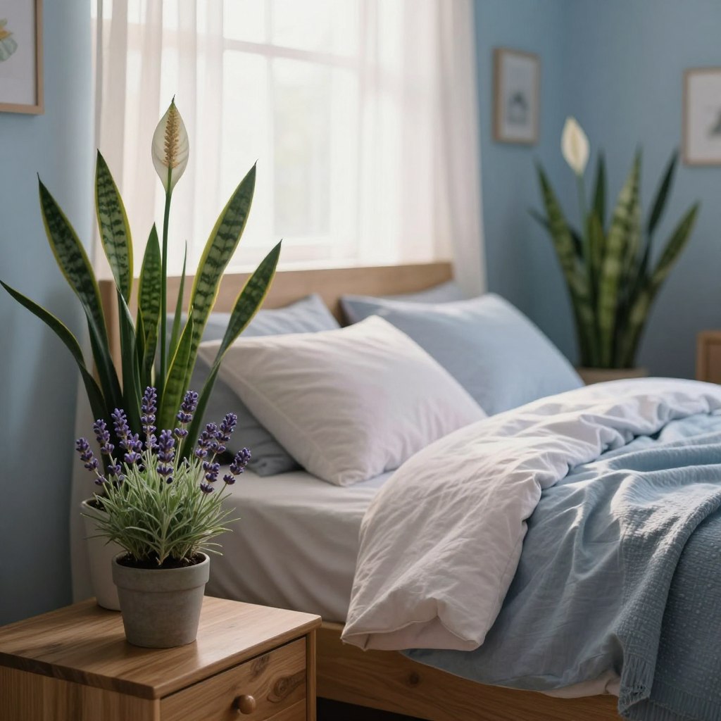 A serene bedroom scene designed for optimal sleep, featuring a soft, cozy atmosphere. In the foreground, a stylish wooden bedside table holds a small, potted lavender plant, known for its calming properties. The middle section showcases a plush bed adorned with tranquil, pastel-colored linens, flanked by two tall peace lilies and a snake plant, both symbolizing air purification and tranquility. The background features soft, diffused morning light filtering through sheer curtains, creating a warm and inviting glow. The walls are painted in soothing shades of blue, enhancing the calming ambiance. The overall composition should evoke a peaceful, restful mood, ideal for sleep, with a focus on the plants' lush greenery and natural beauty. Use a shallow depth of field to emphasize the plants, while keeping the bedroom cozy and inviting. A serene bedroom scene designed for optimal sleep, featuring a soft, cozy atmosphere. In the foreground, a stylish wooden bedside table holds a small, potted lavender plant, known for its calming properties. The middle section showcases a plush bed adorned with tranquil, pastel-colored linens, flanked by two tall peace lilies and a snake plant, both symbolizing air purification and tranquility. The background features soft, diffused morning light filtering through sheer curtains, creating a warm and inviting glow. The walls are painted in soothing shades of blue, enhancing the calming ambiance. The overall composition should evoke a peaceful, restful mood, ideal for sleep, with a focus on the plants' lush greenery and natural beauty. Use a shallow depth of field to emphasize the plants, while keeping the bedroom cozy and inviting.