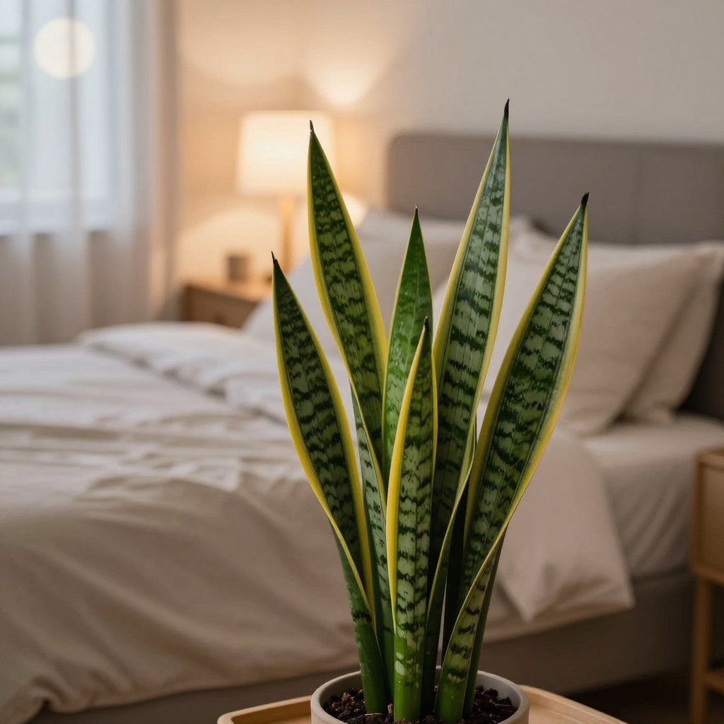 A serene bedroom scene featuring a lush Snake Plant elegantly placed on a bedside table. The foreground showcases the plant's vibrant, sword-like leaves, tall and upright, with rich green hues and striking yellow edges, symbolizing tranquility and rejuvenation. In the middle ground, a softly made bed with neutral-toned linens invites comfort, and a subtle, warm bedside lamp casts a gentle glow, enhancing the relaxing atmosphere. The background includes a soft-focus window allowing diffused moonlight to filter in, creating a calm and peaceful night setting. The overall mood is serene and inviting, conveying the Snake Plant's role as a natural air purifier, ideal for promoting restful sleep. Use soft lighting and a slightly elevated angle to capture the harmonious arrangement. A serene bedroom scene featuring a lush Snake Plant elegantly placed on a bedside table. The foreground showcases the plant's vibrant, sword-like leaves, tall and upright, with rich green hues and striking yellow edges, symbolizing tranquility and rejuvenation. In the middle ground, a softly made bed with neutral-toned linens invites comfort, and a subtle, warm bedside lamp casts a gentle glow, enhancing the relaxing atmosphere. The background includes a soft-focus window allowing diffused moonlight to filter in, creating a calm and peaceful night setting. The overall mood is serene and inviting, conveying the Snake Plant's role as a natural air purifier, ideal for promoting restful sleep. Use soft lighting and a slightly elevated angle to capture the harmonious arrangement.