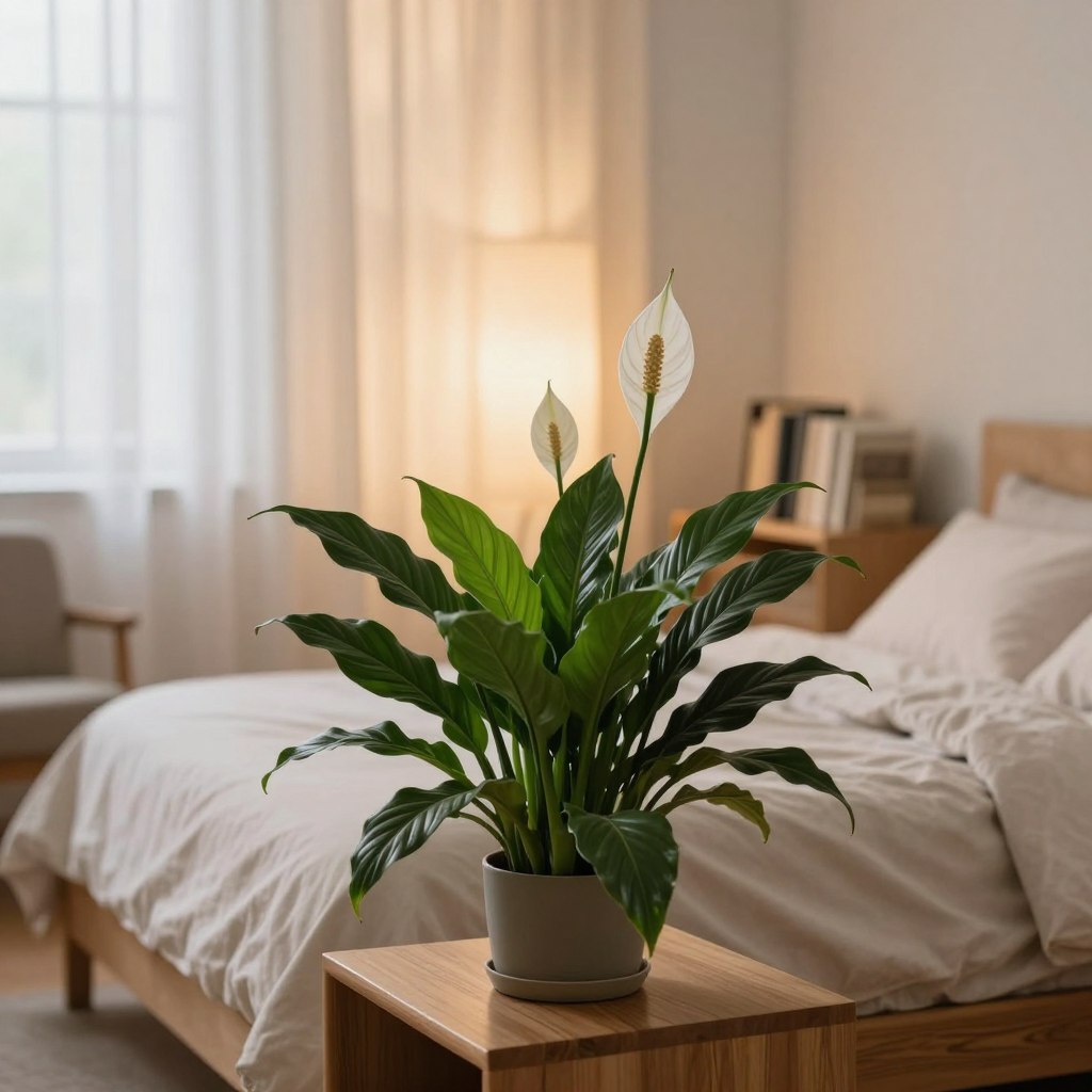 A serene bedroom scene featuring a lush peace lily plant in the foreground, its glossy dark green leaves contrasting beautifully with delicate white flowers. The peace lily is placed on a modern wooden nightstand next to a cozy bed adorned with soft, neutral-colored linens. In the middle background, a warm, ambient light filters through sheer curtains, gently illuminating the room and creating a tranquil atmosphere. The walls are painted in soft pastel tones, enhancing the calming vibe. A small reading nook can be glimpsed in the corner with a comfortable armchair and a bookshelf filled with well-loved books. The overall mood is peaceful and inviting, perfect for promoting relaxation and restful sleep. Use a soft focus lens effect to enhance the soothing feel of the scene, capturing the essence of tranquility. A serene bedroom scene featuring a lush peace lily plant in the foreground, its glossy dark green leaves contrasting beautifully with delicate white flowers. The peace lily is placed on a modern wooden nightstand next to a cozy bed adorned with soft, neutral-colored linens. In the middle background, a warm, ambient light filters through sheer curtains, gently illuminating the room and creating a tranquil atmosphere. The walls are painted in soft pastel tones, enhancing the calming vibe. A small reading nook can be glimpsed in the corner with a comfortable armchair and a bookshelf filled with well-loved books. The overall mood is peaceful and inviting, perfect for promoting relaxation and restful sleep. Use a soft focus lens effect to enhance the soothing feel of the scene, capturing the essence of tranquility.