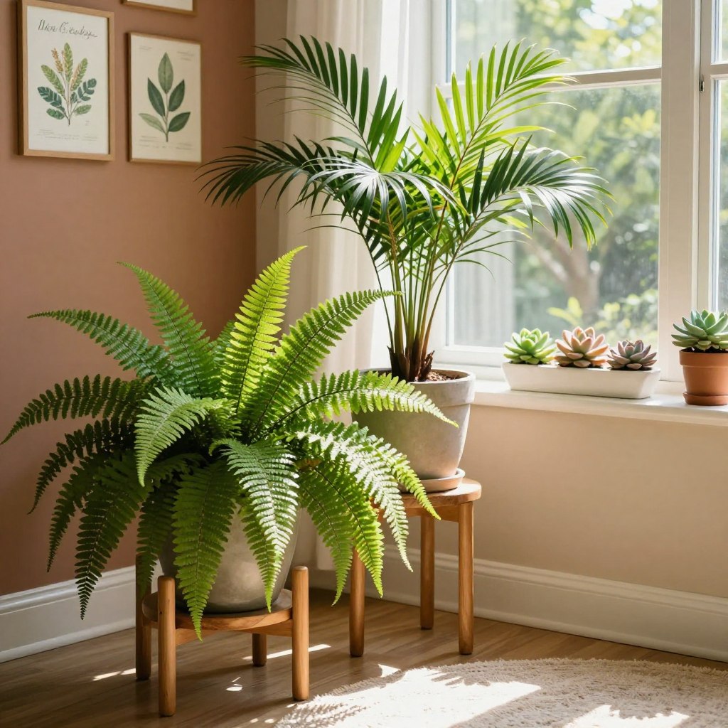 A serene indoor environment filled with various thriving houseplants. In the foreground, a lush fern with cascading leaves and a potted parlor palm beside it, both displayed on a wooden plant stand. The middle ground features a stylish, bright window with sunlight streaming in, casting soft shadows across the room. On the windowsill, cheerful succulents are neatly arranged on a white ceramic tray. The background includes a warm-toned wall adorned with botanical prints and a soft, textured rug on the floor. The atmosphere is calm and inviting, promoting a sense of tranquility and connection with nature. Use natural light to enhance the vibrant greens of the plants, captured at eye level for a personal touch. A serene indoor environment filled with various thriving houseplants. In the foreground, a lush fern with cascading leaves and a potted parlor palm beside it, both displayed on a wooden plant stand. The middle ground features a stylish, bright window with sunlight streaming in, casting soft shadows across the room. On the windowsill, cheerful succulents are neatly arranged on a white ceramic tray. The background includes a warm-toned wall adorned with botanical prints and a soft, textured rug on the floor. The atmosphere is calm and inviting, promoting a sense of tranquility and connection with nature. Use natural light to enhance the vibrant greens of the plants, captured at eye level for a personal touch.