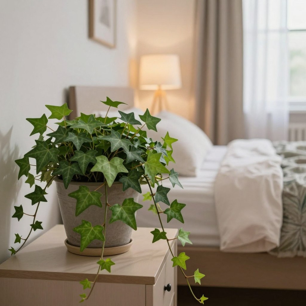 A serene indoor setting featuring an elegant arrangement of lush English ivy cascading from a stylish pot on a bedside table, symbolizing tranquility and better sleep. In the foreground, focus on the vibrant green leaves of the ivy, showcasing their intricate patterns and textures. The middle ground includes soft, warm lighting from a bedside lamp, casting gentle shadows that enhance the peaceful atmosphere of the room. In the background, a neatly made bed with calming, neutral-colored linens, and a window with sheer curtains gently billowing in the breeze. The mood is restful and rejuvenating, evoking a sense of calm and well-being, perfect for a sleep-enhancing environment. A serene indoor setting featuring an elegant arrangement of lush English ivy cascading from a stylish pot on a bedside table, symbolizing tranquility and better sleep. In the foreground, focus on the vibrant green leaves of the ivy, showcasing their intricate patterns and textures. The middle ground includes soft, warm lighting from a bedside lamp, casting gentle shadows that enhance the peaceful atmosphere of the room. In the background, a neatly made bed with calming, neutral-colored linens, and a window with sheer curtains gently billowing in the breeze. The mood is restful and rejuvenating, evoking a sense of calm and well-being, perfect for a sleep-enhancing environment.