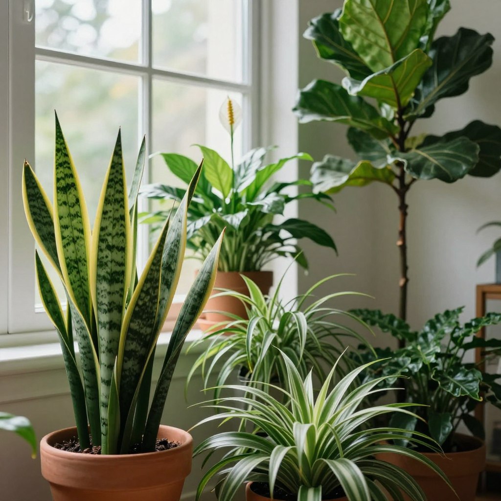 A serene indoor setting prominently featuring various houseplants known for their potential to keep people awake. In the foreground, a vibrant snake plant with prominent, upright leaves and a striking color contrast against a terracotta pot. Nearby, a tall, leafy fiddle leaf fig adds height and lush greenery to the scene. The middle layer showcases an elegant arrangement of peace lilies and spider plants, their delicate blooms and cascading leaves adding a touch of softness. In the background, soft, ambient natural light filters through a large window, casting gentle shadows and creating a tranquil atmosphere. The overall mood is calming yet slightly energetic, evoking a sense of balance and awareness. The composition should emphasize the unique qualities and aesthetic appeal of each plant, enhancing the theme of indoor plants impacting sleep quality. A serene indoor setting prominently featuring various houseplants known for their potential to keep people awake. In the foreground, a vibrant snake plant with prominent, upright leaves and a striking color contrast against a terracotta pot. Nearby, a tall, leafy fiddle leaf fig adds height and lush greenery to the scene. The middle layer showcases an elegant arrangement of peace lilies and spider plants, their delicate blooms and cascading leaves adding a touch of softness. In the background, soft, ambient natural light filters through a large window, casting gentle shadows and creating a tranquil atmosphere. The overall mood is calming yet slightly energetic, evoking a sense of balance and awareness. The composition should emphasize the unique qualities and aesthetic appeal of each plant, enhancing the theme of indoor plants impacting sleep quality.