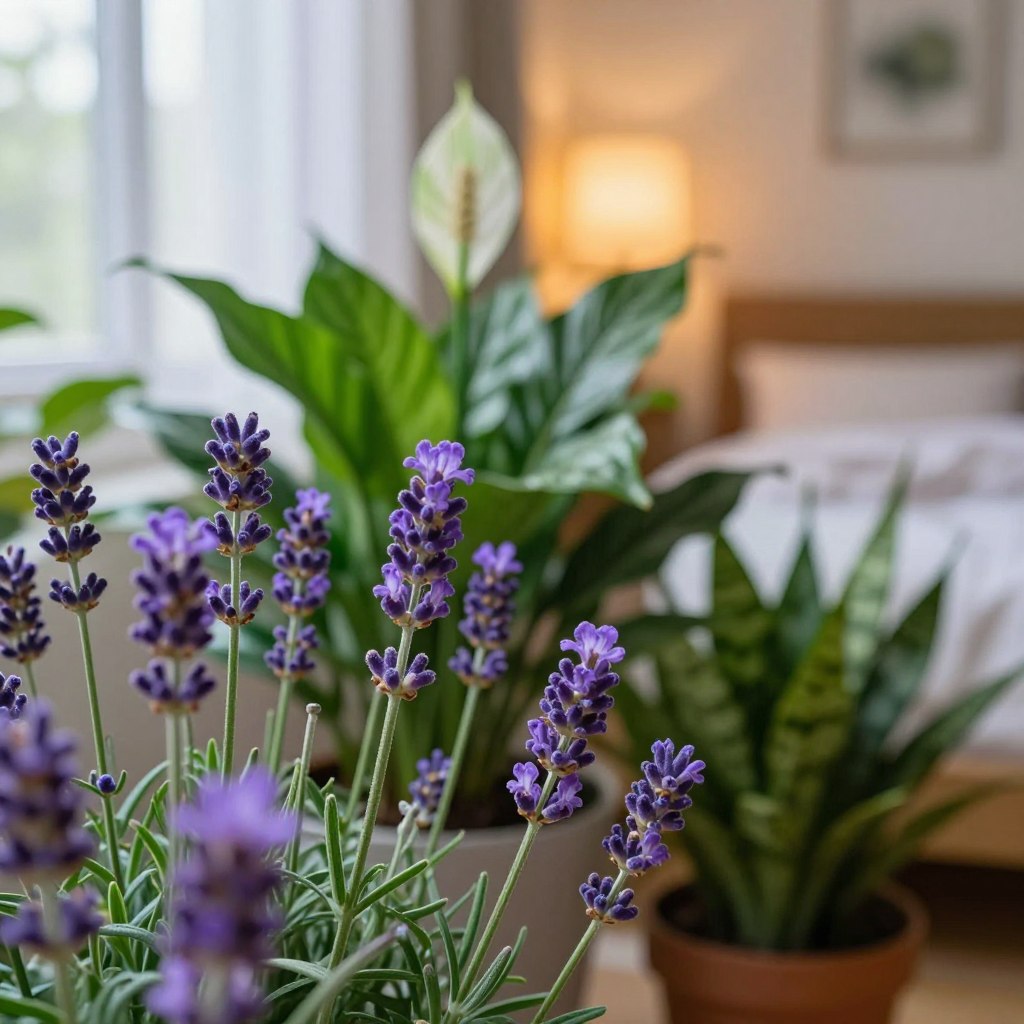 A serene indoor setting showcasing a variety of sleep-inducing houseplants, with lavender prominently displayed in the foreground. The lavender flowers are vivid purple, with soft petals and a calming fragrance represented visually. In the middle ground, other plants like peace lilies and snake plants blend harmoniously, their lush green foliage contrasting beautifully with the lavender. A softly lit room in the background features warm, ambient lighting, creating a tranquil atmosphere. The room has a cozy, inviting feel with light filtering through sheer curtains. Emphasize a close-up perspective that highlights the textures of the leaves and blooms, capturing the essence of a peaceful sleep environment. The overall mood should evoke relaxation and calm, perfect for promoting better sleep. A serene indoor setting showcasing a variety of sleep-inducing houseplants, with lavender prominently displayed in the foreground. The lavender flowers are vivid purple, with soft petals and a calming fragrance represented visually. In the middle ground, other plants like peace lilies and snake plants blend harmoniously, their lush green foliage contrasting beautifully with the lavender. A softly lit room in the background features warm, ambient lighting, creating a tranquil atmosphere. The room has a cozy, inviting feel with light filtering through sheer curtains. Emphasize a close-up perspective that highlights the textures of the leaves and blooms, capturing the essence of a peaceful sleep environment. The overall mood should evoke relaxation and calm, perfect for promoting better sleep.