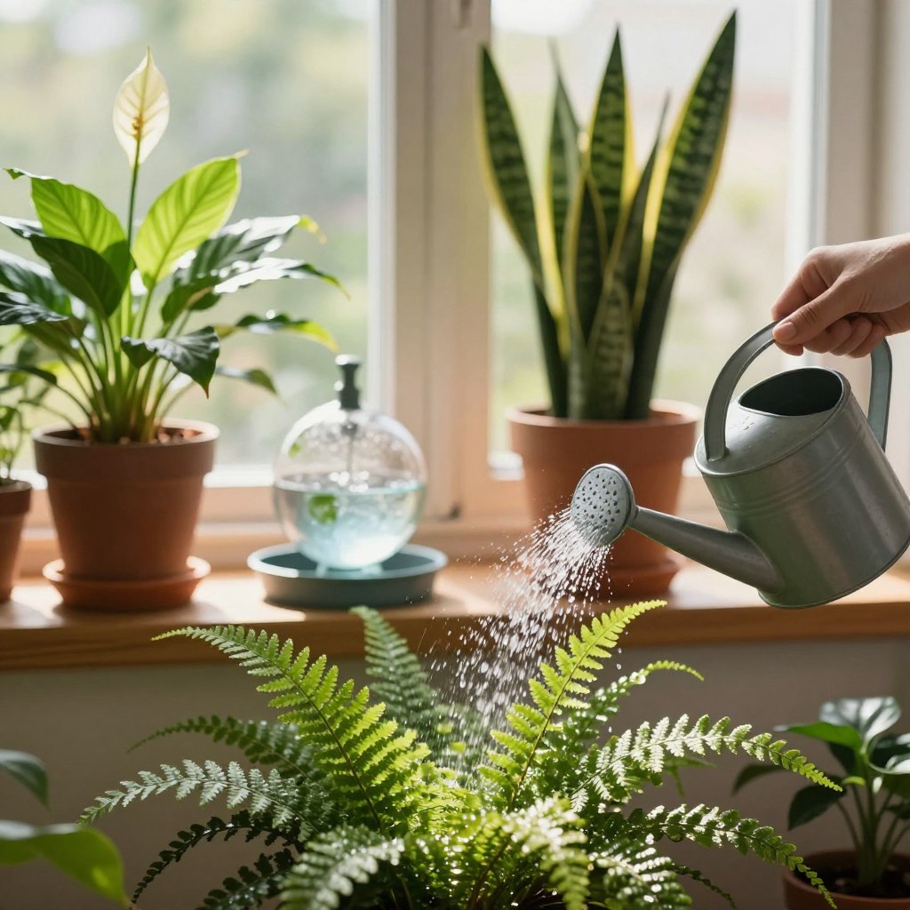 A serene indoor setting showcasing various watering techniques for healthy indoor plants. In the foreground, a watering can is gently pouring water onto a lush green fern, with droplets caught in sunlight, creating a sparkling effect. The middle layer features an array of indoor plants in different pots, including a vibrant peace lily and a robust snake plant, each receiving water through methods such as a bottom-watering tray and a self-watering globe. The background is softly blurred, revealing bright windows that filter warm, natural light, enhancing the greenery. The atmosphere is calm and nurturing, evoking a sense of tranquility and care for the plants. A serene indoor setting showcasing various watering techniques for healthy indoor plants. In the foreground, a watering can is gently pouring water onto a lush green fern, with droplets caught in sunlight, creating a sparkling effect. The middle layer features an array of indoor plants in different pots, including a vibrant peace lily and a robust snake plant, each receiving water through methods such as a bottom-watering tray and a self-watering globe. The background is softly blurred, revealing bright windows that filter warm, natural light, enhancing the greenery. The atmosphere is calm and nurturing, evoking a sense of tranquility and care for the plants.