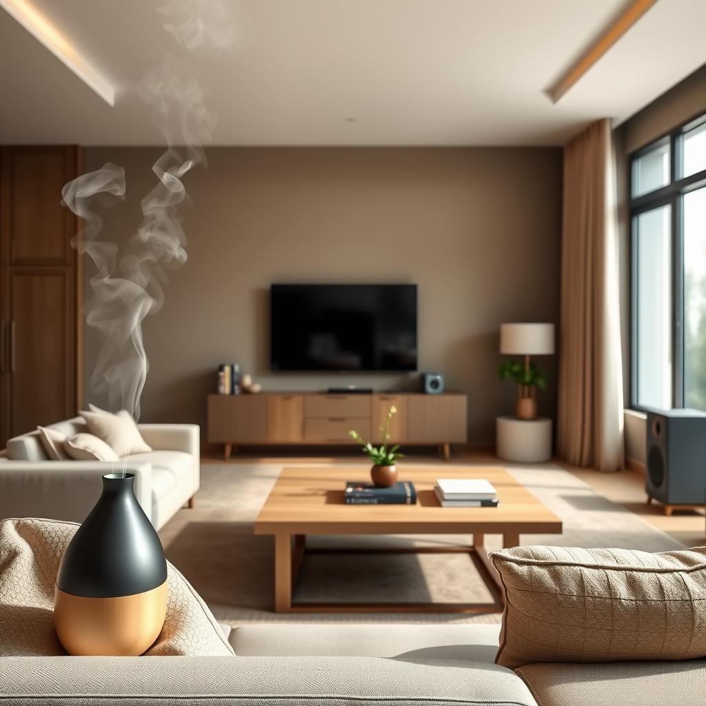 A serene living room decorated in a modern style, featuring a stylish diffuser emitting gentle wisps of aromatic steam and a sleek, well-placed speaker that blends seamlessly into the decor. In the foreground, a plush, neutral-toned sofa adorned with textured cushions invites relaxation. The middle ground showcases a minimalist coffee table made of light wood, elegantly arranged with a few well-chosen books and a small green plant for a touch of vibrancy. The background reveals an inviting window allowing soft, natural light to flood the space, accentuating the warm color palette of beige, soft greens, and muted grays. The atmosphere is calm and luxurious, evoking a sense of comfort and sophistication, perfect for illustrating the theme of scent and sound in elegant living room decor.