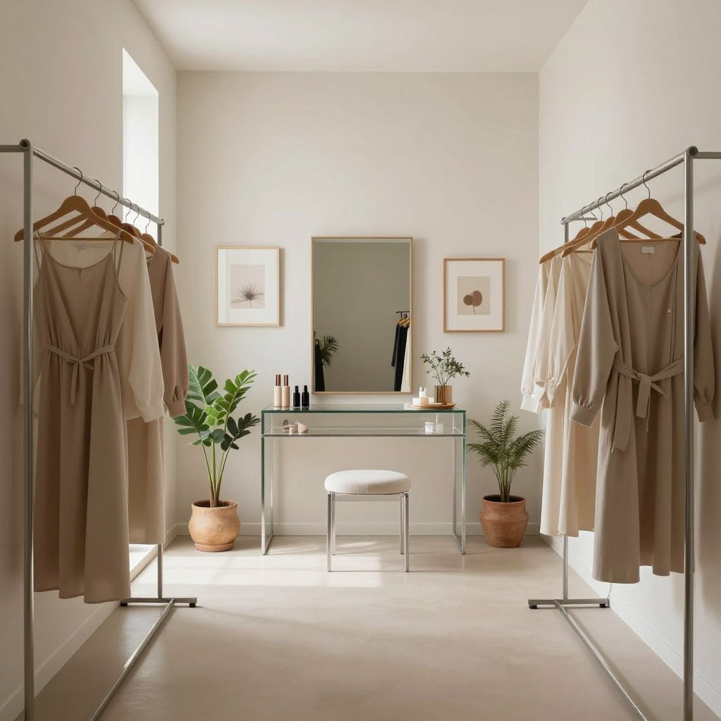 A serene minimalist dressing room, exuding luxury and calm. The foreground features a sleek, symmetrical clothing rack displaying elegant garments in neutral tones. Beside it, a simple full-length mirror reflects soft natural light. In the middle, a clear, uncluttered vanity with organized grooming essentials, surrounded by potted greenery for a touch of nature. The background showcases a gallery wall featuring art pieces in minimal frames, echoing the room's color scheme. Utilize soft, diffused lighting to create a warm, inviting atmosphere, ideal for relaxation. The perspective is slightly elevated, with a focal length that emphasizes spaciousness, highlighting the curated, organized elements of the design. The overall mood is tranquil and sophisticated, perfect for a modern dressing room. A serene minimalist dressing room, exuding luxury and calm. The foreground features a sleek, symmetrical clothing rack displaying elegant garments in neutral tones. Beside it, a simple full-length mirror reflects soft natural light. In the middle, a clear, uncluttered vanity with organized grooming essentials, surrounded by potted greenery for a touch of nature. The background showcases a gallery wall featuring art pieces in minimal frames, echoing the room's color scheme. Utilize soft, diffused lighting to create a warm, inviting atmosphere, ideal for relaxation. The perspective is slightly elevated, with a focal length that emphasizes spaciousness, highlighting the curated, organized elements of the design. The overall mood is tranquil and sophisticated, perfect for a modern dressing room.