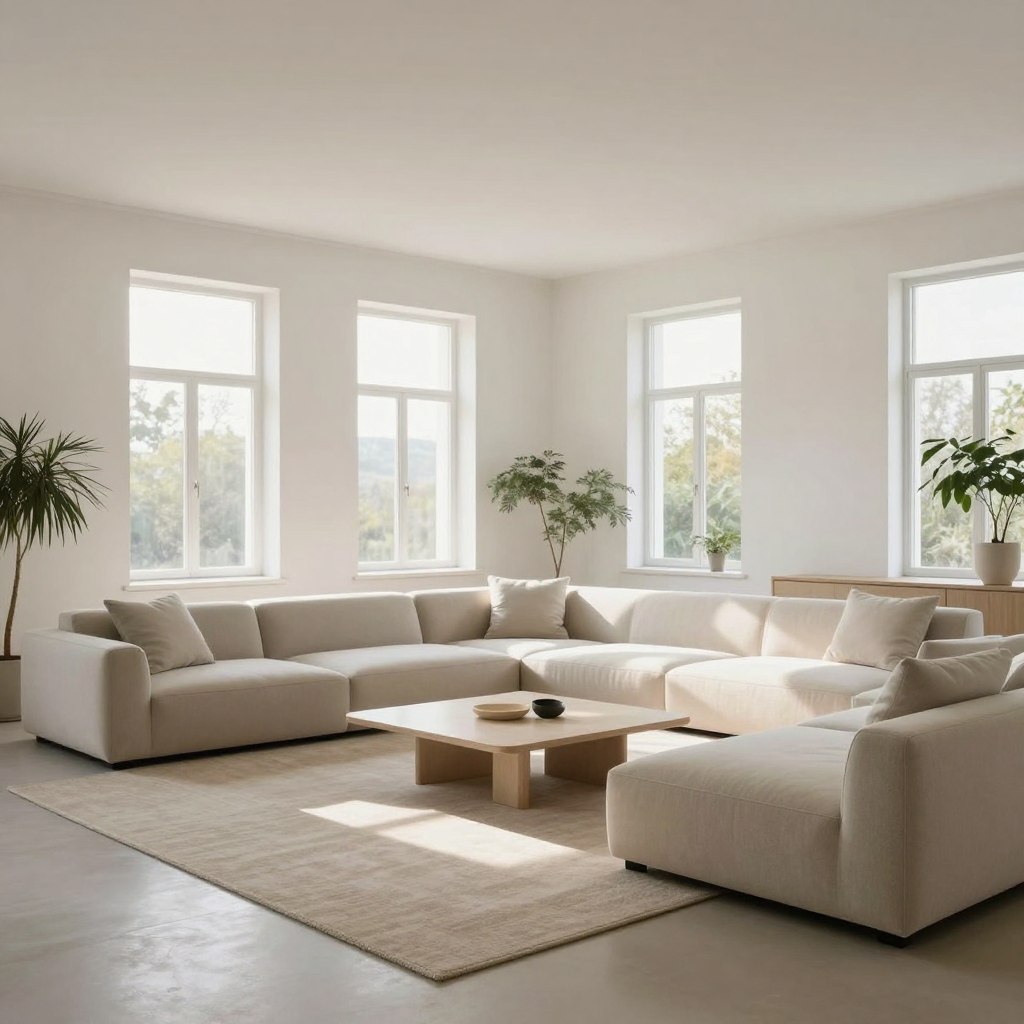 A serene minimalist living room featuring low-profile furniture, such as a sleek sectional sofa and a low coffee table, arranged to emphasize open space. The foreground includes a simple, textured rug that complements the neutral color palette. In the middle, there are large, airy windows allowing natural light to flood the space, casting soft shadows across the room. The walls are painted in a soft white, enhancing the feel of expansiveness. In the background, a few indoor plants introduce a touch of greenery without cluttering the scene. The overall atmosphere is calm and inviting, perfect for relaxation. Use soft, diffused lighting to enhance the welcoming mood, with a wide-angle lens that captures the entirety of the space from a slightly elevated angle.