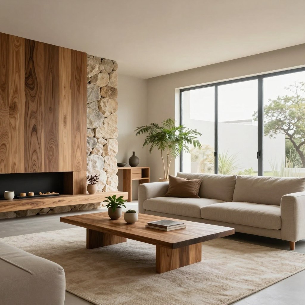 A serene minimalist living space showcasing a harmonious blend of sustainable natural materials, featuring rich wood grain and smooth stone textures. In the foreground, a sleek wooden coffee table contrasts with a soft organic cotton rug, adorned with a few carefully placed potted plants. The middle ground includes a contemporary sofa with neutral fabrics, positioned near an elegantly designed stone wall, highlighting the natural elements. The background reveals large windows allowing an abundance of natural light to flood the room, enhancing the earthy color palette. The atmosphere is tranquil and inviting, captured with soft, diffused lighting, and a wide-angle view that accentuates the spaciousness of the open concept design.