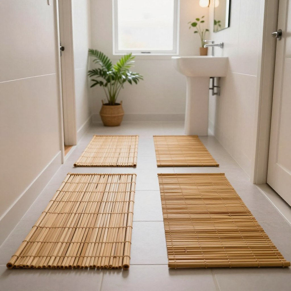 A serene narrow bathroom featuring elegant bamboo runner rugs, carefully laid along the floor. In the foreground, highlight the texture and natural tones of the bamboo fibers, emphasizing a cozy and sustainable aesthetic. The middle ground should depict a minimalist bathroom space with sleek white tiles, a modern pedestal sink, and soft greenery like potted plants enhancing the tranquil atmosphere. In the background, include a large mirror reflecting the soft, ambient light flooding in from a frosted window, creating a warm and inviting environment. The overall mood is calming and refreshing, perfect for small spaces, inviting connection with nature while maintaining a contemporary look. Use soft, diffused lighting to enhance the natural materials and create a peaceful ambiance. A serene narrow bathroom featuring elegant bamboo runner rugs, carefully laid along the floor. In the foreground, highlight the texture and natural tones of the bamboo fibers, emphasizing a cozy and sustainable aesthetic. The middle ground should depict a minimalist bathroom space with sleek white tiles, a modern pedestal sink, and soft greenery like potted plants enhancing the tranquil atmosphere. In the background, include a large mirror reflecting the soft, ambient light flooding in from a frosted window, creating a warm and inviting environment. The overall mood is calming and refreshing, perfect for small spaces, inviting connection with nature while maintaining a contemporary look. Use soft, diffused lighting to enhance the natural materials and create a peaceful ambiance.