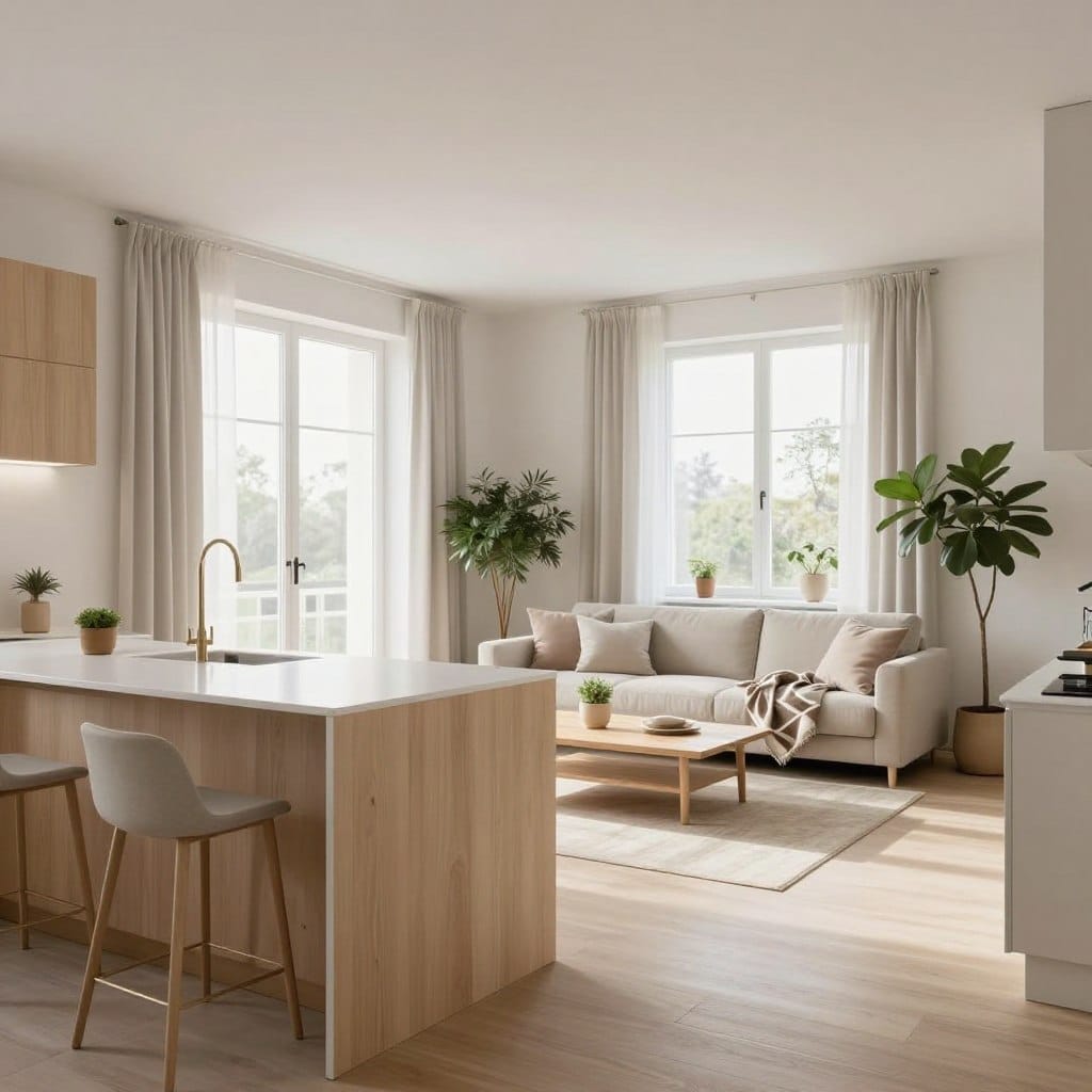 A serene open concept kitchen and living room interior showcasing minimalist Scandinavian fusion design. In the foreground, a sleek kitchen island made of pale wood with a smooth white countertop, accompanied by simple yet elegant bar stools. In the middle, a cozy living area featuring a plush, neutral-colored sofa adorned with soft cushions and a geometric throw blanket, paired with a light wooden coffee table. The background reveals large windows with sheer curtains, allowing natural light to flood the space, highlighting the clean lines of the architecture. Incorporate greenery with indoor plants to enhance the atmosphere. The mood is calm and inviting, with a bright, airy feel, captured with a wide-angle lens to showcase the harmonious layout. Soft, diffused lighting enhances the tranquil ambiance of the space.