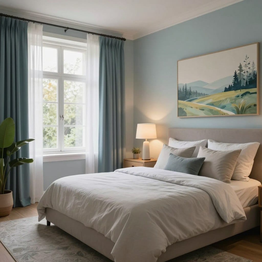 A serene, spacious master bedroom that evokes a cozy five-star retreat atmosphere, featuring a harmonious color palette of soft blues, muted greens, and warm neutrals. In the foreground, a plush king-sized bed with elegant, minimalist bedding and a few decorative pillows invites relaxation. In the middle, a stylish nightstand holds a simple lamp casting a warm glow. A large, airy window with sheer curtains allows natural light to pour in, enhancing the spacious feel. The background displays soothing wall art that reflects nature, such as abstract landscapes, promoting tranquility. The room is styled with tasteful decor, including potted plants and subtle textures. The overall mood is calm and inviting, captured in soft, diffused lighting to create a peaceful retreat ambiance.