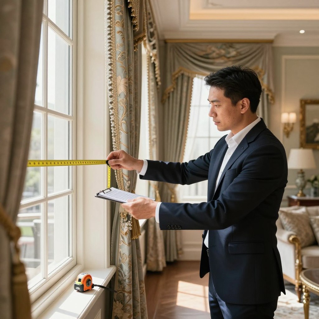 A skilled professional window treatment installer, dressed in smart business attire, meticulously measures a large window in a well-lit, elegantly decorated living room. The foreground features a measuring tape extended across the window, with precision tools such as a laser level and a notepad for calculations in view. In the middle ground, the installer is focused, showcasing concentration and expertise. The background presents luxurious window treatments, such as ornate drapes and tailored shades, complementing the upscale décor of the space. Natural light streams through the window, casting soft shadows and enhancing the warmth of the room. The atmosphere is professional, highlighting the importance of accuracy for perfect installation results. The camera angle is slightly elevated, providing a clear view of both the installer and the beautiful window treatments. A skilled professional window treatment installer, dressed in smart business attire, meticulously measures a large window in a well-lit, elegantly decorated living room. The foreground features a measuring tape extended across the window, with precision tools such as a laser level and a notepad for calculations in view. In the middle ground, the installer is focused, showcasing concentration and expertise. The background presents luxurious window treatments, such as ornate drapes and tailored shades, complementing the upscale décor of the space. Natural light streams through the window, casting soft shadows and enhancing the warmth of the room. The atmosphere is professional, highlighting the importance of accuracy for perfect installation results. The camera angle is slightly elevated, providing a clear view of both the installer and the beautiful window treatments.