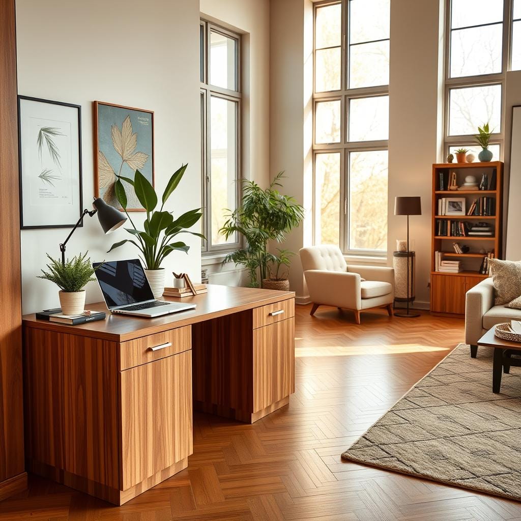 A sleek and modern home office seamlessly integrated into a stylish living space. In the foreground, a hidden desk, camouflaged with wooden panels, blends with the surrounding décor, featuring minimalist stationery and a laptop. The middle layer showcases a comfortable chair, with a potted plant beside it, adding a touch of greenery. In the background, soft natural light filters through large windows, spotlighting a cozy reading nook filled with books and warm textiles. The room has a warm color palette of earthy tones, promoting a serene, productive atmosphere. Capture this scene using a warm lens, focusing on creating a balanced composition that conveys functionality, elegance, and a sense of tranquility. Avoid any people in the frame to maintain an uncluttered aesthetic.