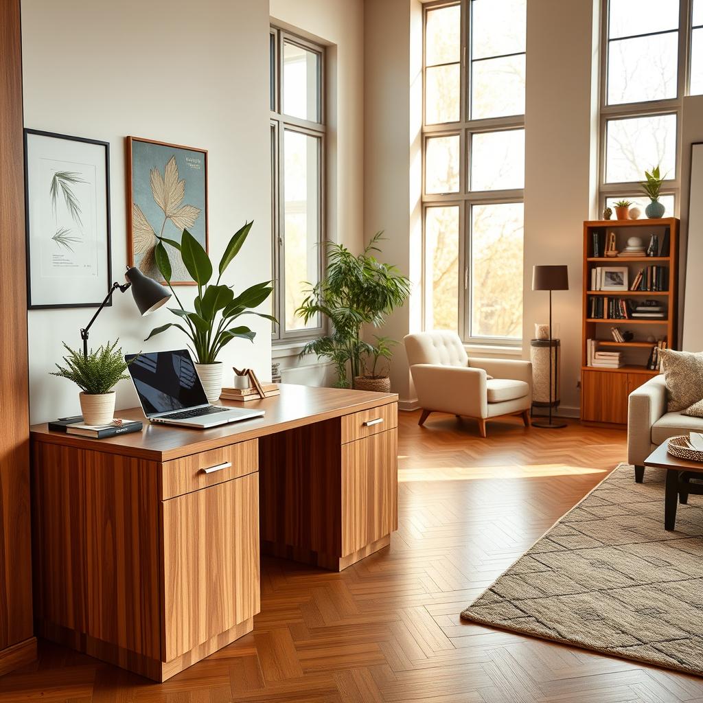A sleek and modern home office seamlessly integrated into a stylish living space. In the foreground, a hidden desk, camouflaged with wooden panels, blends with the surrounding décor, featuring minimalist stationery and a laptop. The middle layer showcases a comfortable chair, with a potted plant beside it, adding a touch of greenery. In the background, soft natural light filters through large windows, spotlighting a cozy reading nook filled with books and warm textiles. The room has a warm color palette of earthy tones, promoting a serene, productive atmosphere. Capture this scene using a warm lens, focusing on creating a balanced composition that conveys functionality, elegance, and a sense of tranquility. Avoid any people in the frame to maintain an uncluttered aesthetic. A sleek and modern home office seamlessly integrated into a stylish living space. In the foreground, a hidden desk, camouflaged with wooden panels, blends with the surrounding décor, featuring minimalist stationery and a laptop. The middle layer showcases a comfortable chair, with a potted plant beside it, adding a touch of greenery. In the background, soft natural light filters through large windows, spotlighting a cozy reading nook filled with books and warm textiles. The room has a warm color palette of earthy tones, promoting a serene, productive atmosphere. Capture this scene using a warm lens, focusing on creating a balanced composition that conveys functionality, elegance, and a sense of tranquility. Avoid any people in the frame to maintain an uncluttered aesthetic.