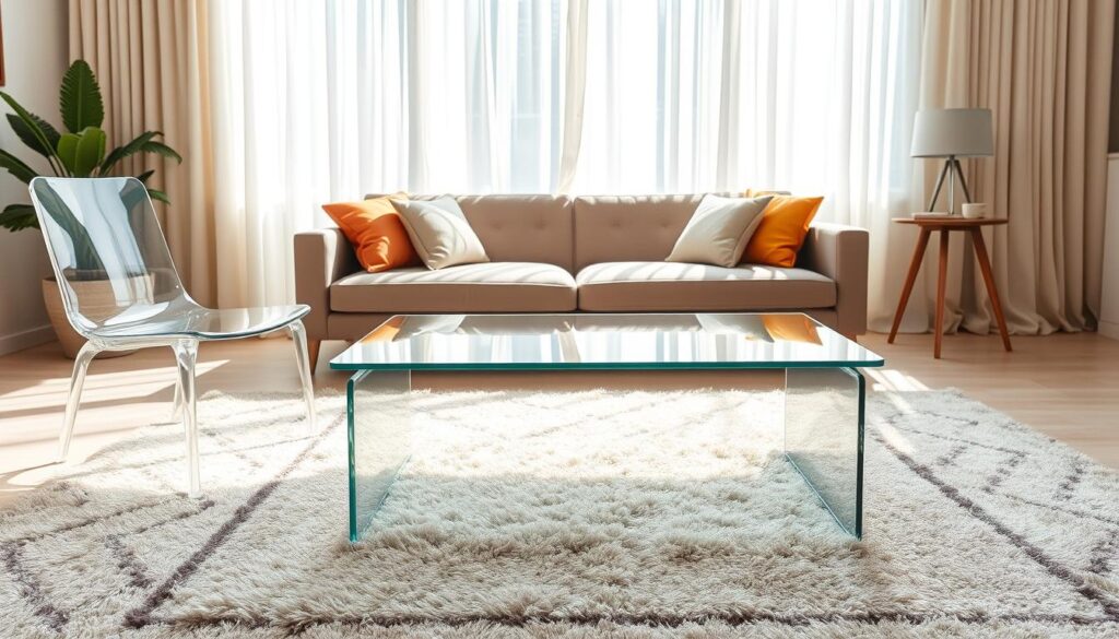 A sleek glass coffee table rests elegantly on a soft area rug, paired with a modern acrylic chair featuring clean lines and a minimalist design. The foreground showcases the transparent qualities of the furniture, creating a sense of spaciousness. In the middle, a stylish low-profile sofa in muted tones complements the table and chair, with vibrant throw pillows for a pop of color. The background features a light-filled window draped with airy curtains, allowing natural sunlight to filter in and enhance the room's brightness. Soft shadows enhance the contours of the furniture, creating a cozy, inviting atmosphere. The overall mood is chic and contemporary, embodying the invisible furniture trend in small living room decor. A sleek glass coffee table rests elegantly on a soft area rug, paired with a modern acrylic chair featuring clean lines and a minimalist design. The foreground showcases the transparent qualities of the furniture, creating a sense of spaciousness. In the middle, a stylish low-profile sofa in muted tones complements the table and chair, with vibrant throw pillows for a pop of color. The background features a light-filled window draped with airy curtains, allowing natural sunlight to filter in and enhance the room's brightness. Soft shadows enhance the contours of the furniture, creating a cozy, inviting atmosphere. The overall mood is chic and contemporary, embodying the invisible furniture trend in small living room decor.