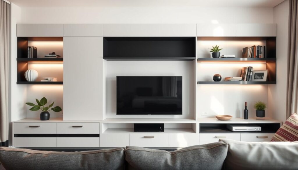 A sleek, minimal media wall in a small living room space, showcasing integrated shelves and concealed storage for electronic devices. In the foreground, a modern TV is seamlessly embedded in the wall with stylish, subtle lighting illuminating the area. The middle section features an elegant arrangement of decorative items, like plants and art, enhancing the minimal design. The background is a soft, neutral-toned wall that complements the cozy atmosphere, with a touch of natural light streaming in from a nearby window, casting gentle shadows. The overall mood is serene and sophisticated, ideal for maximizing space while maintaining style. The lens focuses on the media setup, capturing the seamless integration within the room’s decor. A sleek, minimal media wall in a small living room space, showcasing integrated shelves and concealed storage for electronic devices. In the foreground, a modern TV is seamlessly embedded in the wall with stylish, subtle lighting illuminating the area. The middle section features an elegant arrangement of decorative items, like plants and art, enhancing the minimal design. The background is a soft, neutral-toned wall that complements the cozy atmosphere, with a touch of natural light streaming in from a nearby window, casting gentle shadows. The overall mood is serene and sophisticated, ideal for maximizing space while maintaining style. The lens focuses on the media setup, capturing the seamless integration within the room’s decor.