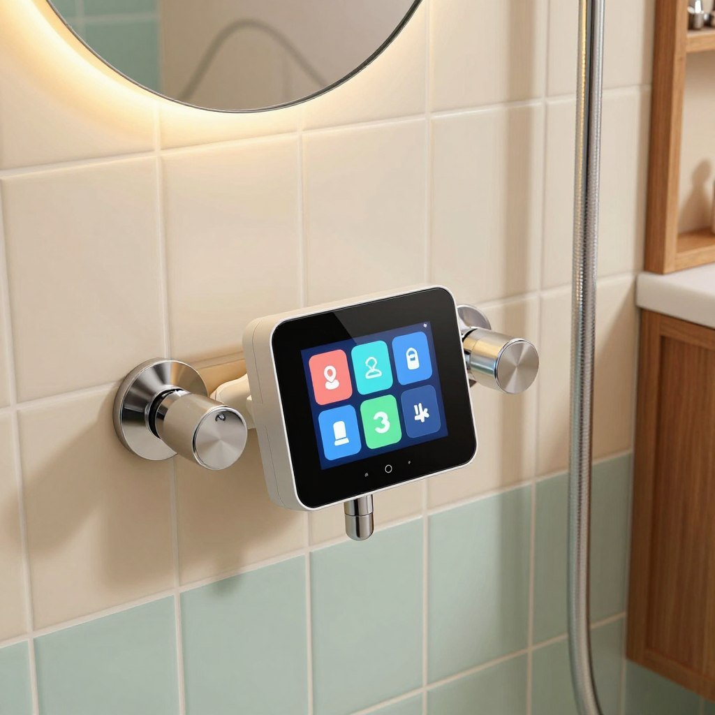 A sleek, modern digital shower control panel set against a backdrop of a mid-century bathroom. The foreground features elegant, minimalist controls with a glossy finish, incorporating a touch screen displaying vibrant, user-friendly icons. The middle ground showcases retro-inspired tiles in soft pastel colors, complemented by classic chrome fixtures. The overall atmosphere conveys a harmonious blend of retro design and cutting-edge technology. Soft, warm ambient lighting accentuates the sleek controls, creating a welcoming and innovative mood. In the background, subtle hints of vintage elements, like a circular mirror and wooden cabinetry, enhance the mid-century aesthetic. Capture this scene from a slightly elevated angle to highlight the interplay between modern technology and retro charm. A sleek, modern digital shower control panel set against a backdrop of a mid-century bathroom. The foreground features elegant, minimalist controls with a glossy finish, incorporating a touch screen displaying vibrant, user-friendly icons. The middle ground showcases retro-inspired tiles in soft pastel colors, complemented by classic chrome fixtures. The overall atmosphere conveys a harmonious blend of retro design and cutting-edge technology. Soft, warm ambient lighting accentuates the sleek controls, creating a welcoming and innovative mood. In the background, subtle hints of vintage elements, like a circular mirror and wooden cabinetry, enhance the mid-century aesthetic. Capture this scene from a slightly elevated angle to highlight the interplay between modern technology and retro charm.