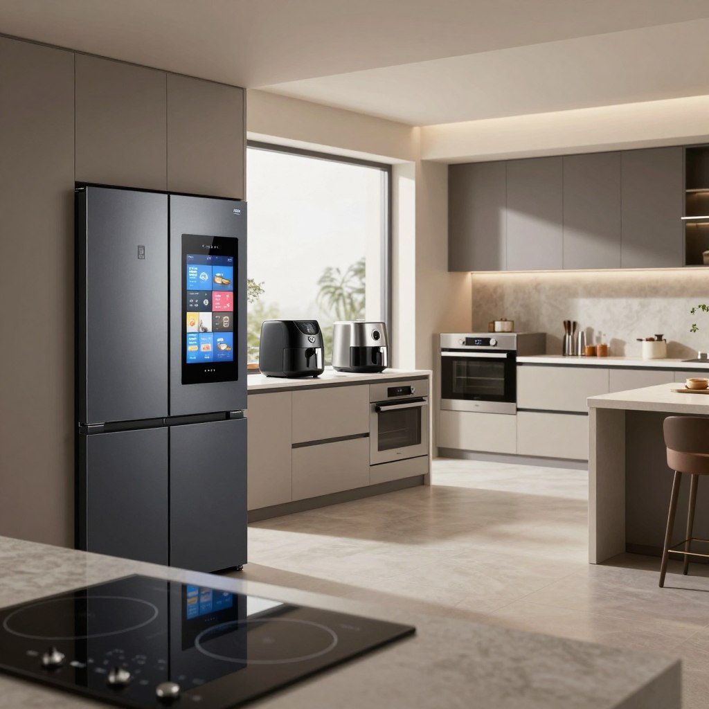 A sleek, modern kitchen setting showcasing a variety of innovative 2026 kitchen appliances. In the foreground, a state-of-the-art smart refrigerator with a touchscreen display and integrated IoT features, alongside a futuristic induction cooktop with responsive controls. The middle area features a multi-functional air fryer and a compact smart oven, both designed with stainless steel finishes and minimalist aesthetics. In the background, elegant cabinetry and a stylish kitchen island create a cohesive design. Soft, natural lighting streams through a large window, illuminating the space and enhancing the contemporary feel. The atmosphere is inviting and practical, with a hint of luxury, suitable for a lifestyle article. Shot from a slight angle to capture depth, using a wide-angle lens for a spacious perspective. A sleek, modern kitchen setting showcasing a variety of innovative 2026 kitchen appliances. In the foreground, a state-of-the-art smart refrigerator with a touchscreen display and integrated IoT features, alongside a futuristic induction cooktop with responsive controls. The middle area features a multi-functional air fryer and a compact smart oven, both designed with stainless steel finishes and minimalist aesthetics. In the background, elegant cabinetry and a stylish kitchen island create a cohesive design. Soft, natural lighting streams through a large window, illuminating the space and enhancing the contemporary feel. The atmosphere is inviting and practical, with a hint of luxury, suitable for a lifestyle article. Shot from a slight angle to capture depth, using a wide-angle lens for a spacious perspective.