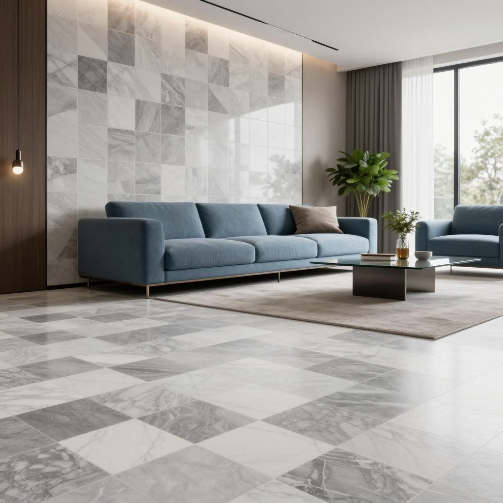 A sleek modern living room featuring a striking tile accent wall design. The foreground showcases an elegant gray and white geometric tile pattern, arranged in an intriguing layout. In the middle, a stylish contemporary sofa in soft blue rests against the wall, complemented by minimalist decor elements like a glass coffee table and potted greenery. The background presents a softly lit space with large windows allowing natural light to flow in, enhancing the overall ambiance. Use warm, inviting lighting to create a cozy atmosphere, and shoot from a slightly elevated angle to capture the depth and texture of the tiles. The scene should convey a sense of modern elegance and sophistication, perfect for contemporary home design enthusiasts. A sleek modern living room featuring a striking tile accent wall design. The foreground showcases an elegant gray and white geometric tile pattern, arranged in an intriguing layout. In the middle, a stylish contemporary sofa in soft blue rests against the wall, complemented by minimalist decor elements like a glass coffee table and potted greenery. The background presents a softly lit space with large windows allowing natural light to flow in, enhancing the overall ambiance. Use warm, inviting lighting to create a cozy atmosphere, and shoot from a slightly elevated angle to capture the depth and texture of the tiles. The scene should convey a sense of modern elegance and sophistication, perfect for contemporary home design enthusiasts.